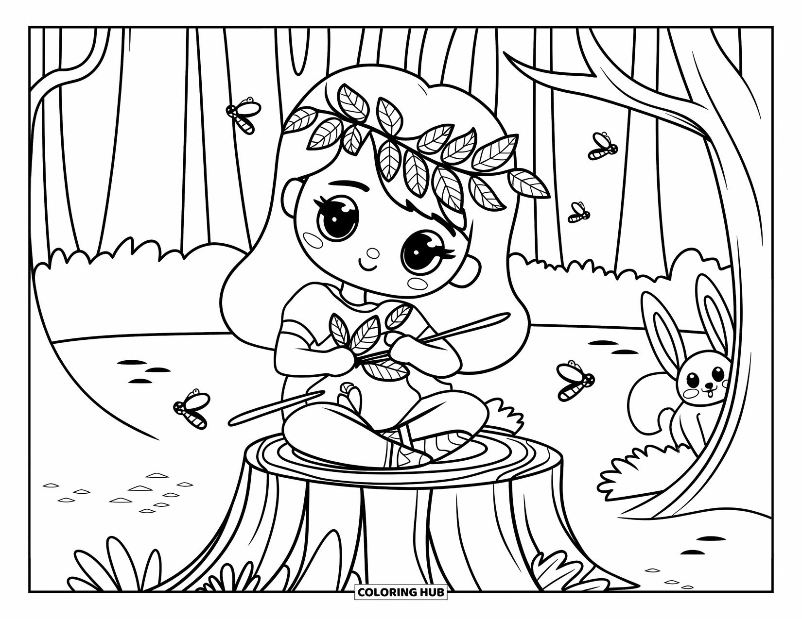 Princess Coloring Page for Adults: A forest princess kneels on a stump, weaving a crown of leaves and flowers