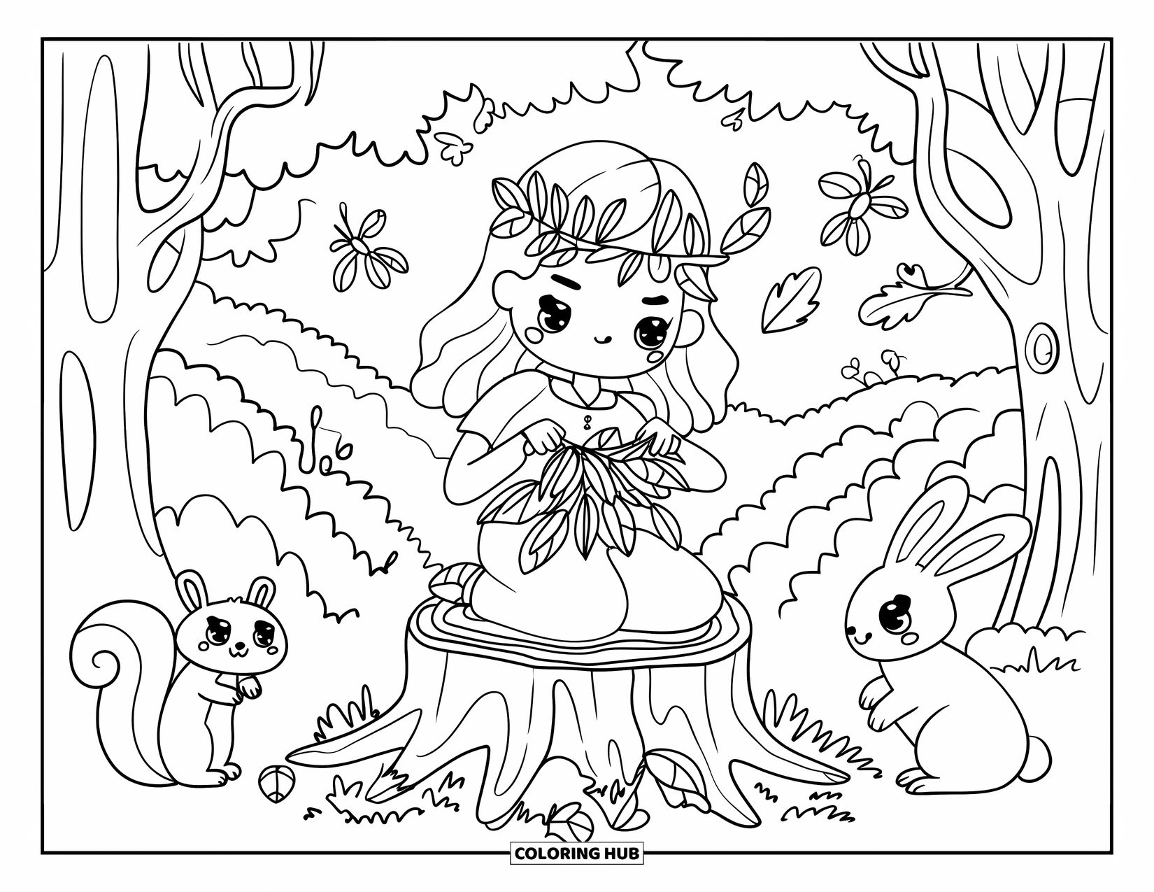 Princess Coloring Page for Adults: A forest princess weaves a leaf crown, surrounded by friendly woodland animals