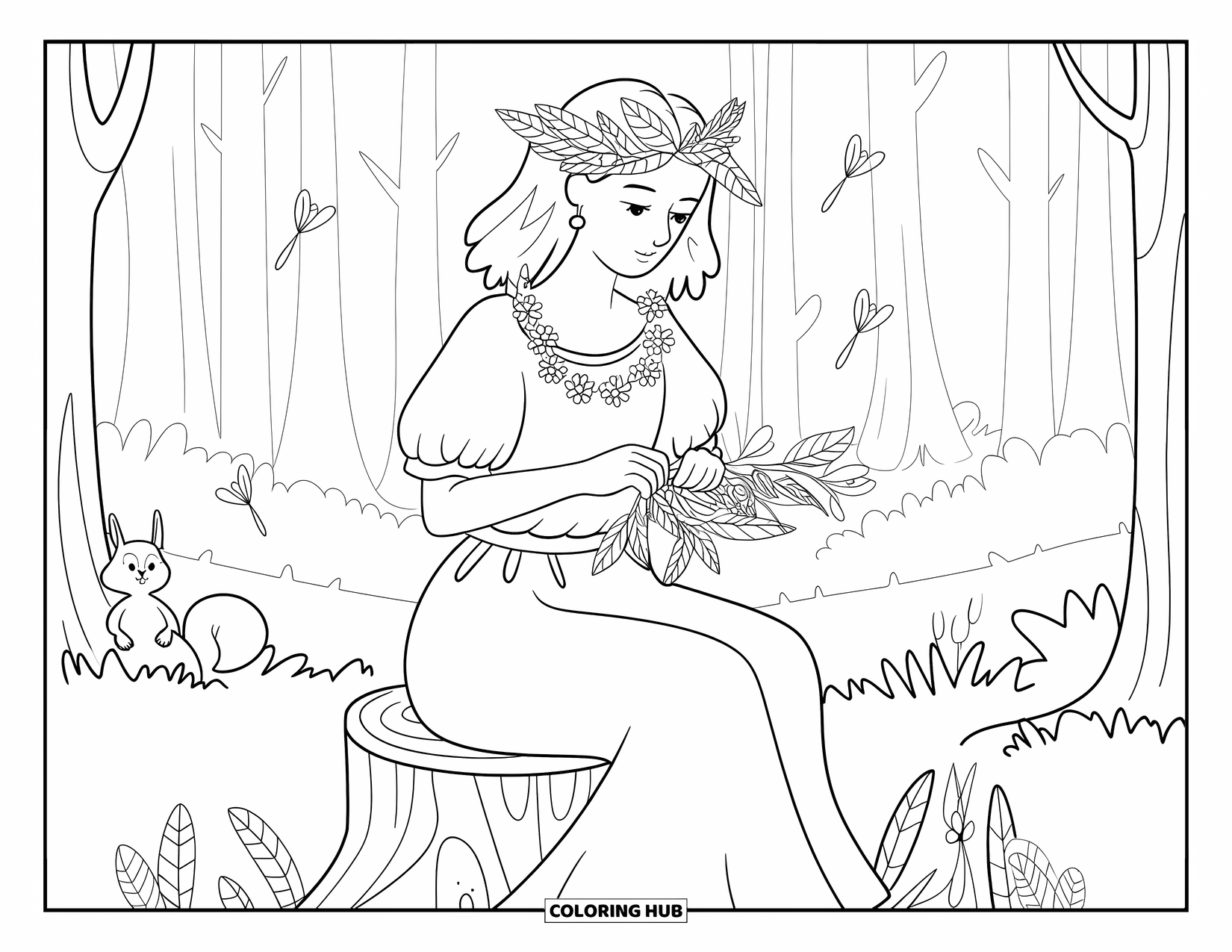 Princess Coloring Page for Adults: A forest princess weaves a leaf crown, surrounded by friendly woodland animals