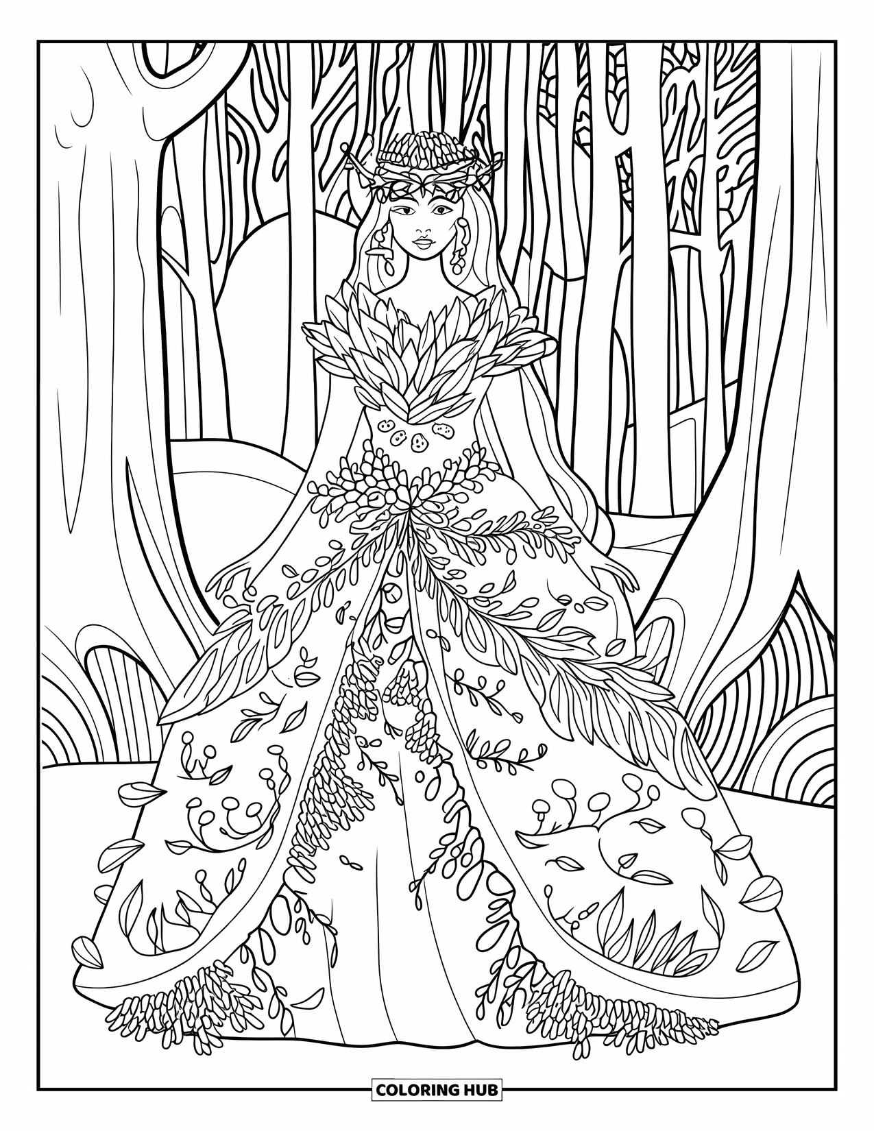 Princess Coloring Page for Adults: A forest princess with a leafy gown and glowing mushrooms beneath tall trees