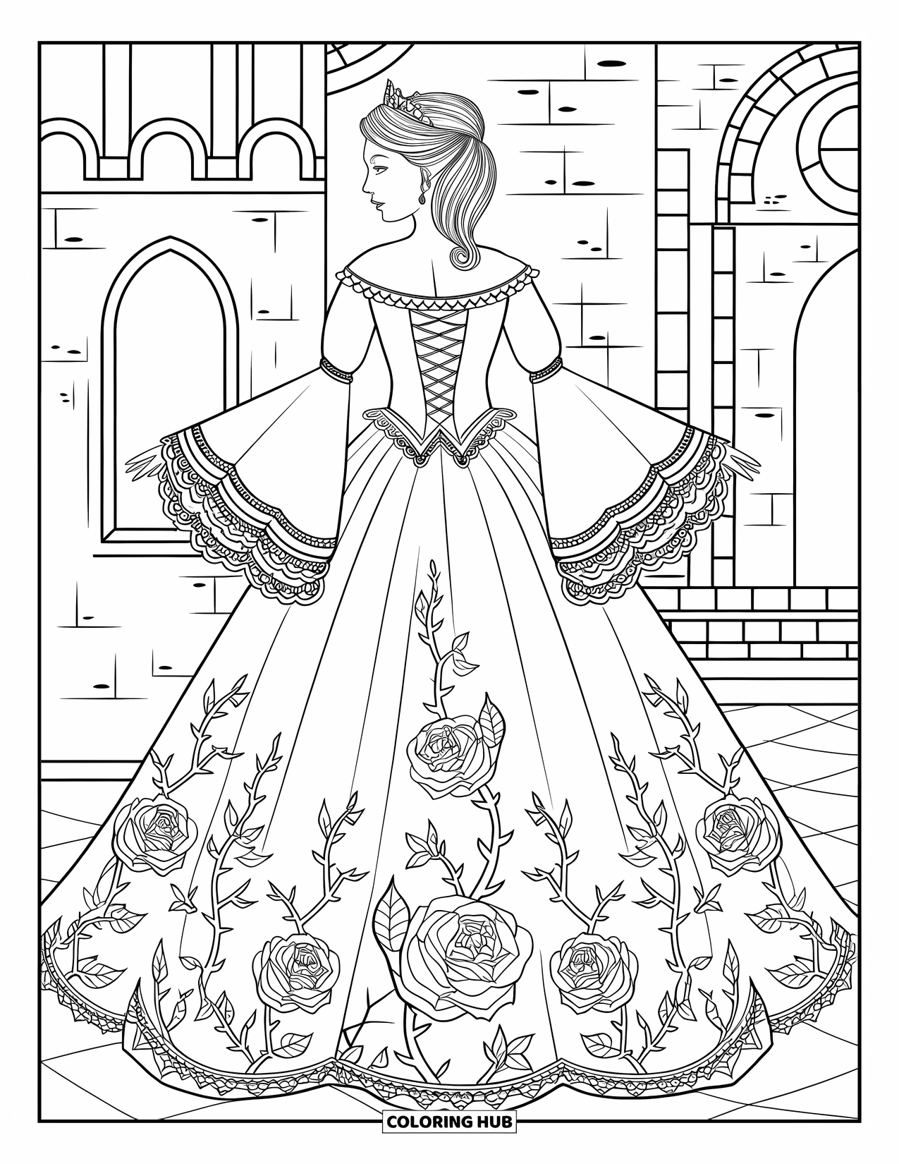 Princess Coloring Page for Adults: A Gothic princess in a velvet gown with roses stands gracefully by a stone castle