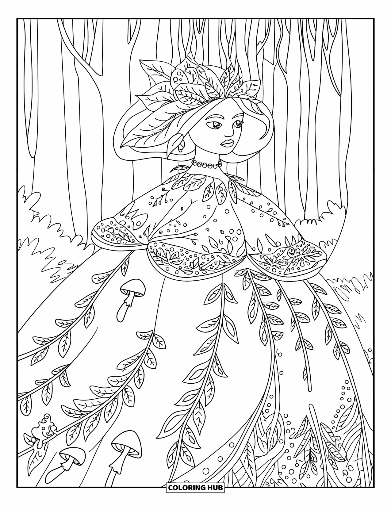 Princess Coloring Page for Adults: A mystical princess in a leafy gown surrounded by glowing mushrooms in a forest