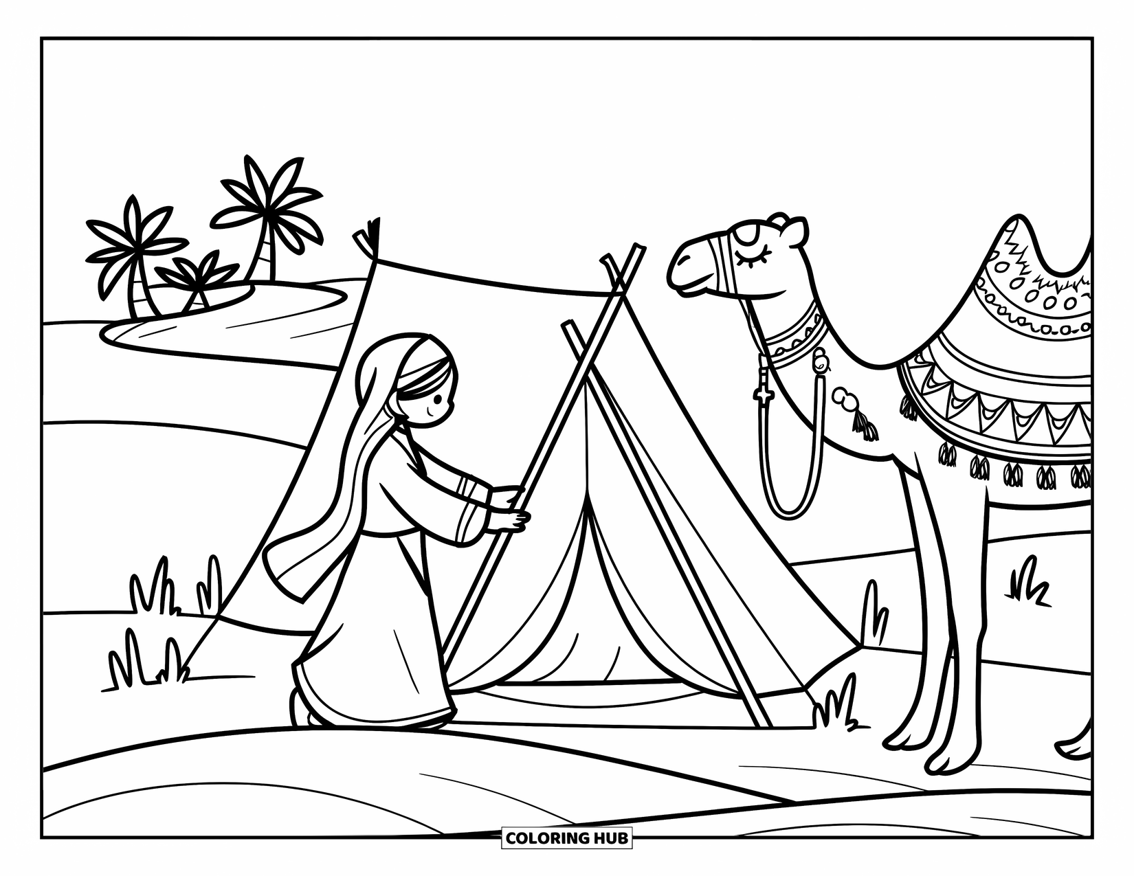 Princess Coloring Page for Adults: A nomadic princess pitches a tent by an oasis, her camel beside her