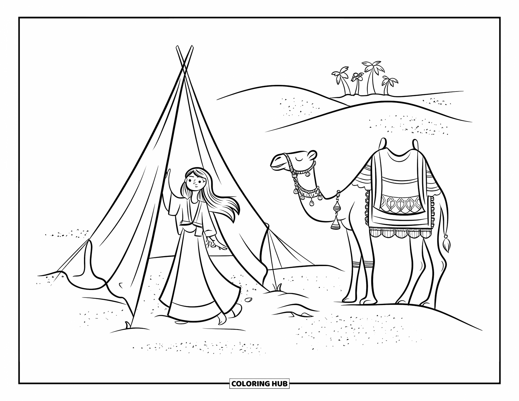 Princess Coloring Page for Adults: A nomadic princess sets up a tent beside a camel in the desert