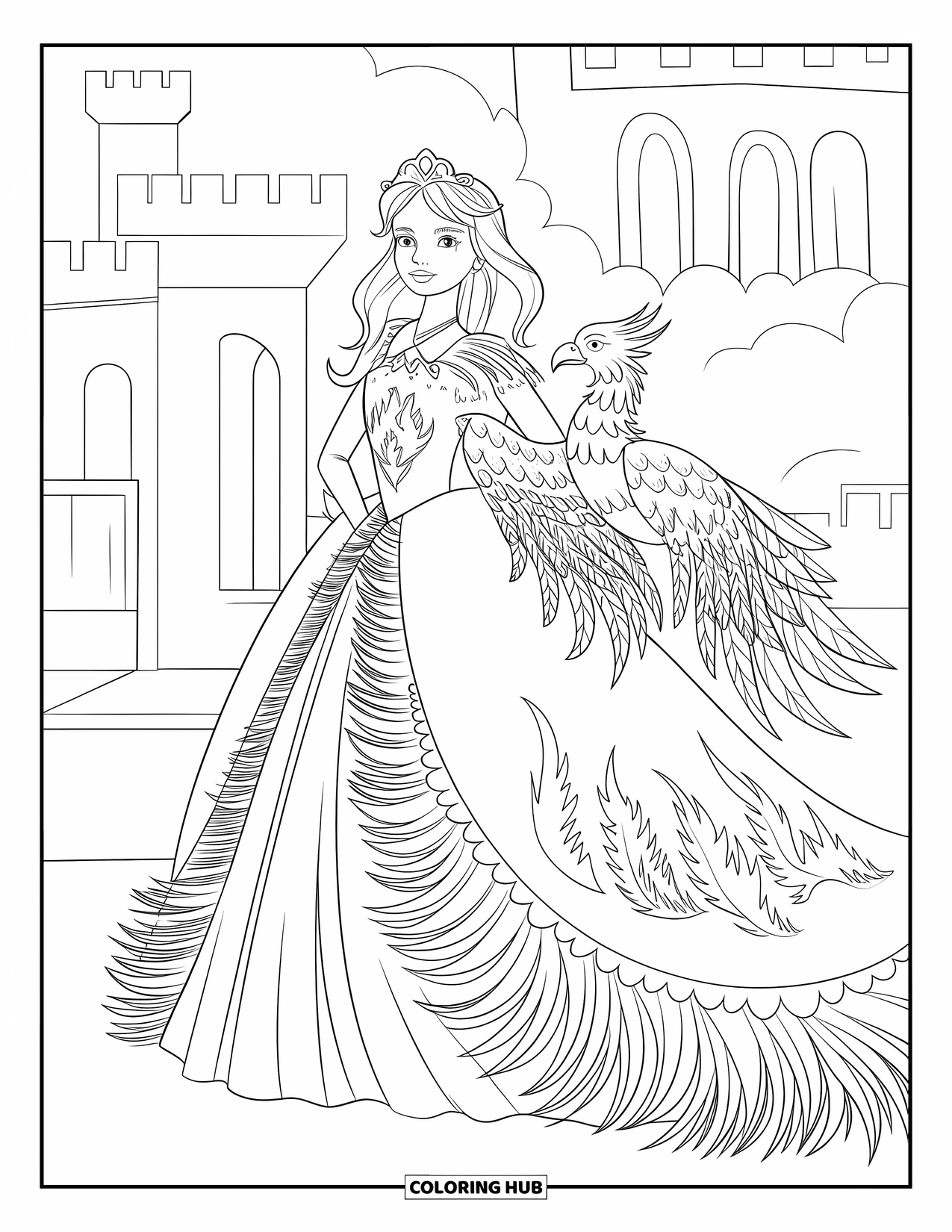 Princess Coloring Page for Adults: A phoenix princess in a feathered gown stands regally by a castle
