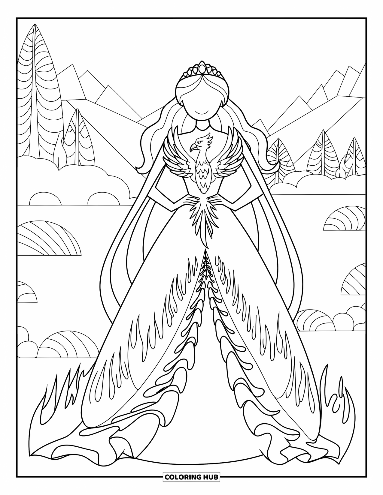 Princess Coloring Page for Adults: A phoenix princess in a feathered gown with flame-like ruffles