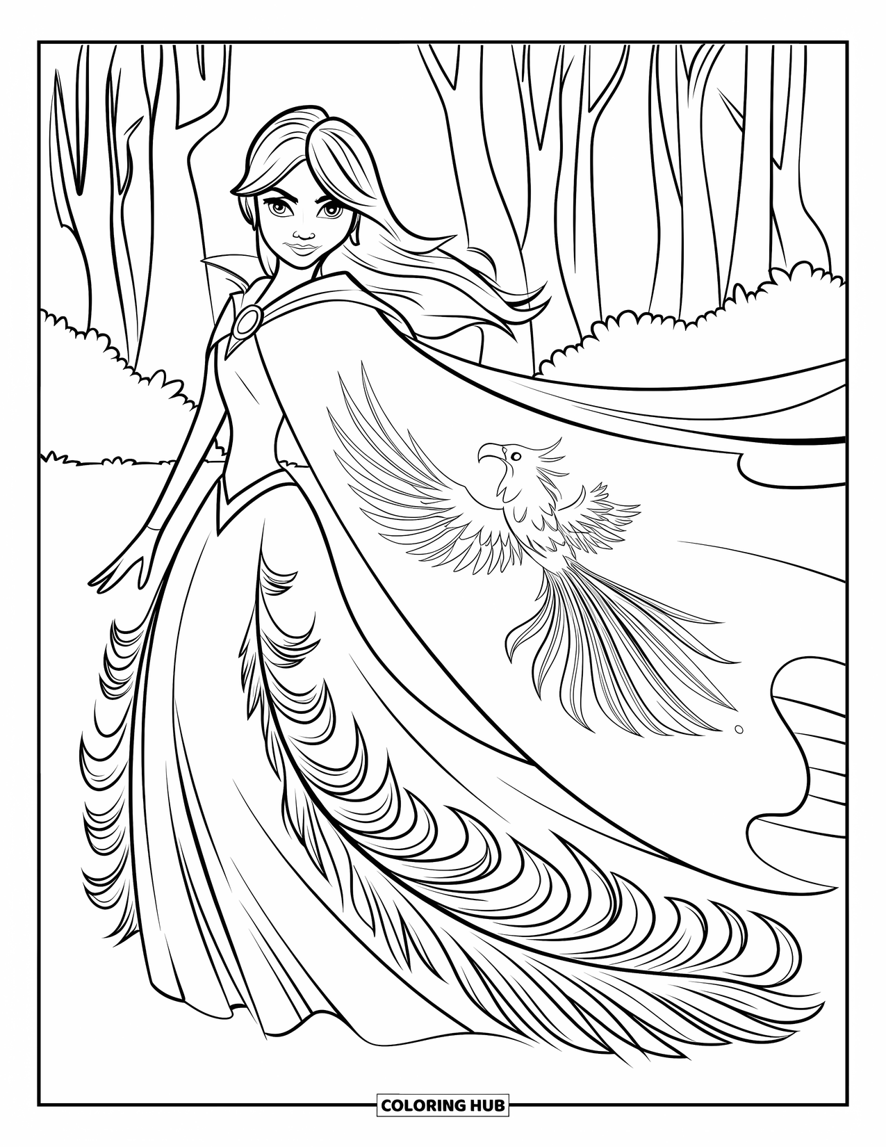 Princess Coloring Page for Adults: A phoenix princess in a flame-like gown surrounded by a lush forest