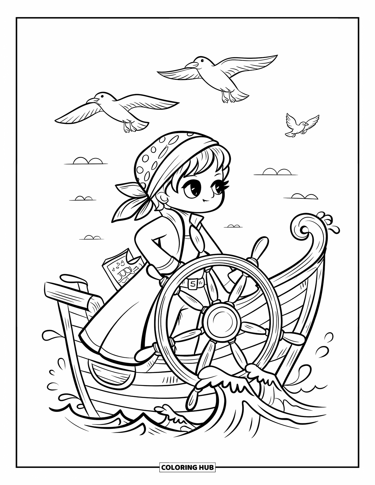 Princess Coloring Page for Adults: A pirate princess grips the helm, seagulls flying overhead