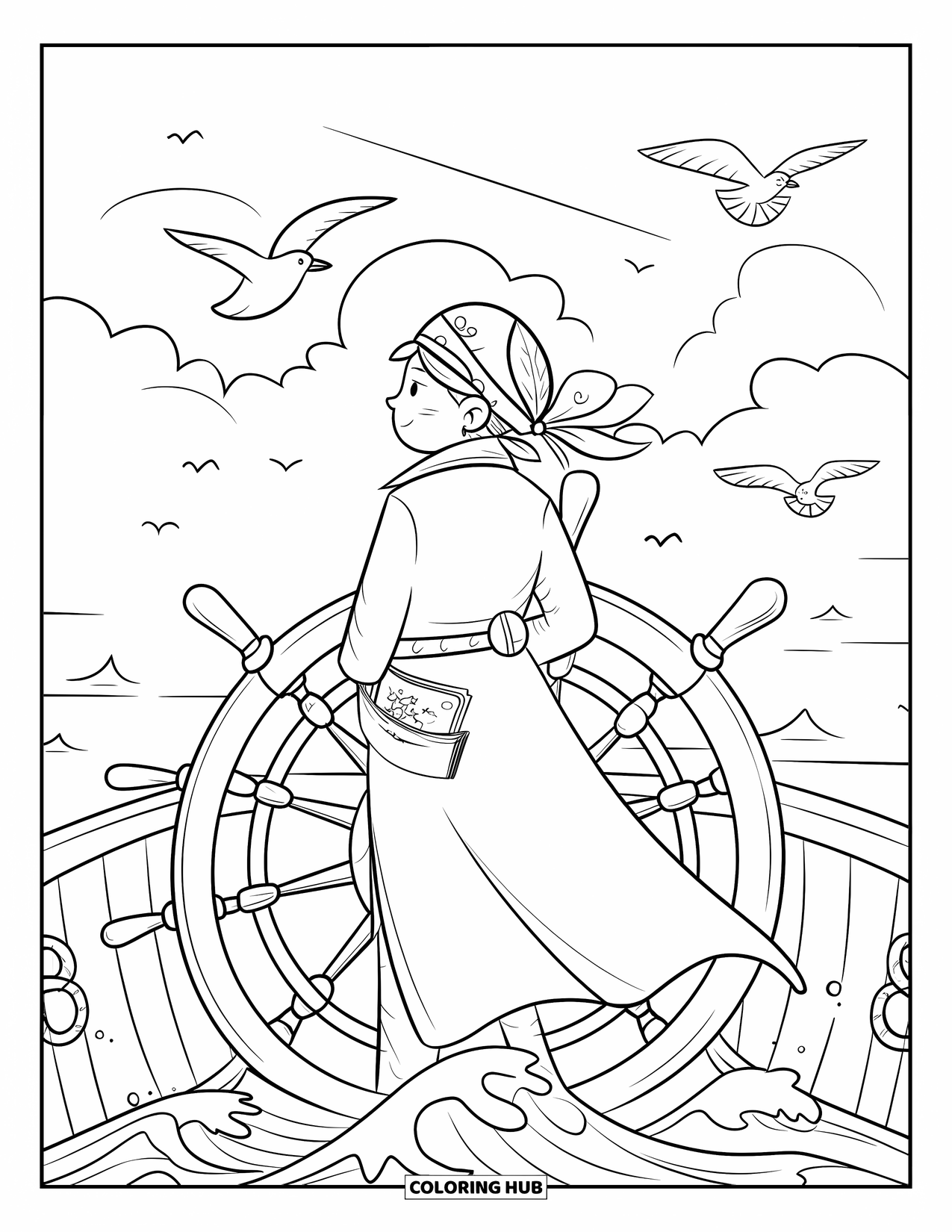 Princess Coloring Page for Adults: A pirate princess stands at the helm, looking toward the horizon