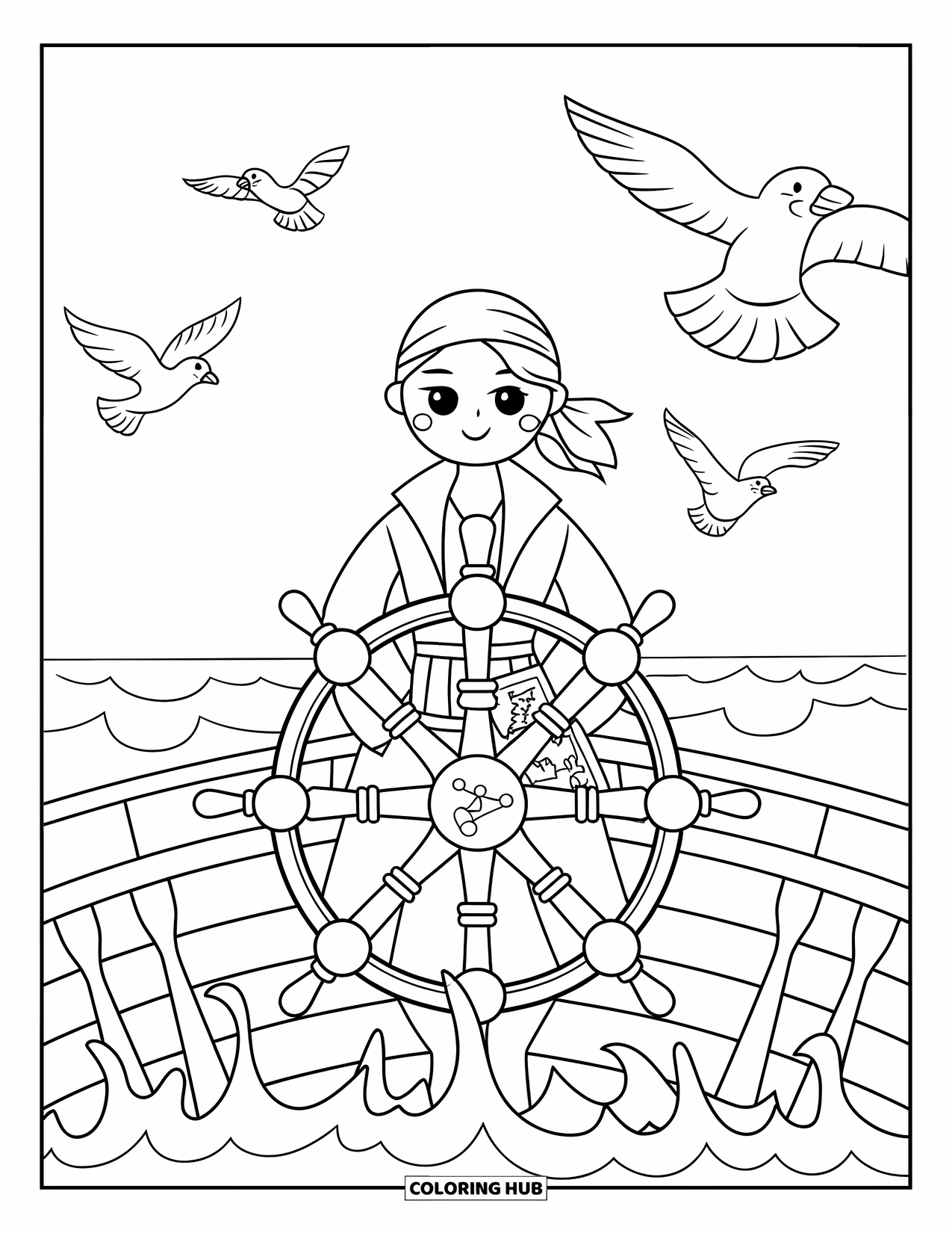 Princess Coloring Page for Adults: A pirate princess with a bandana steers her ship, waves crashing around