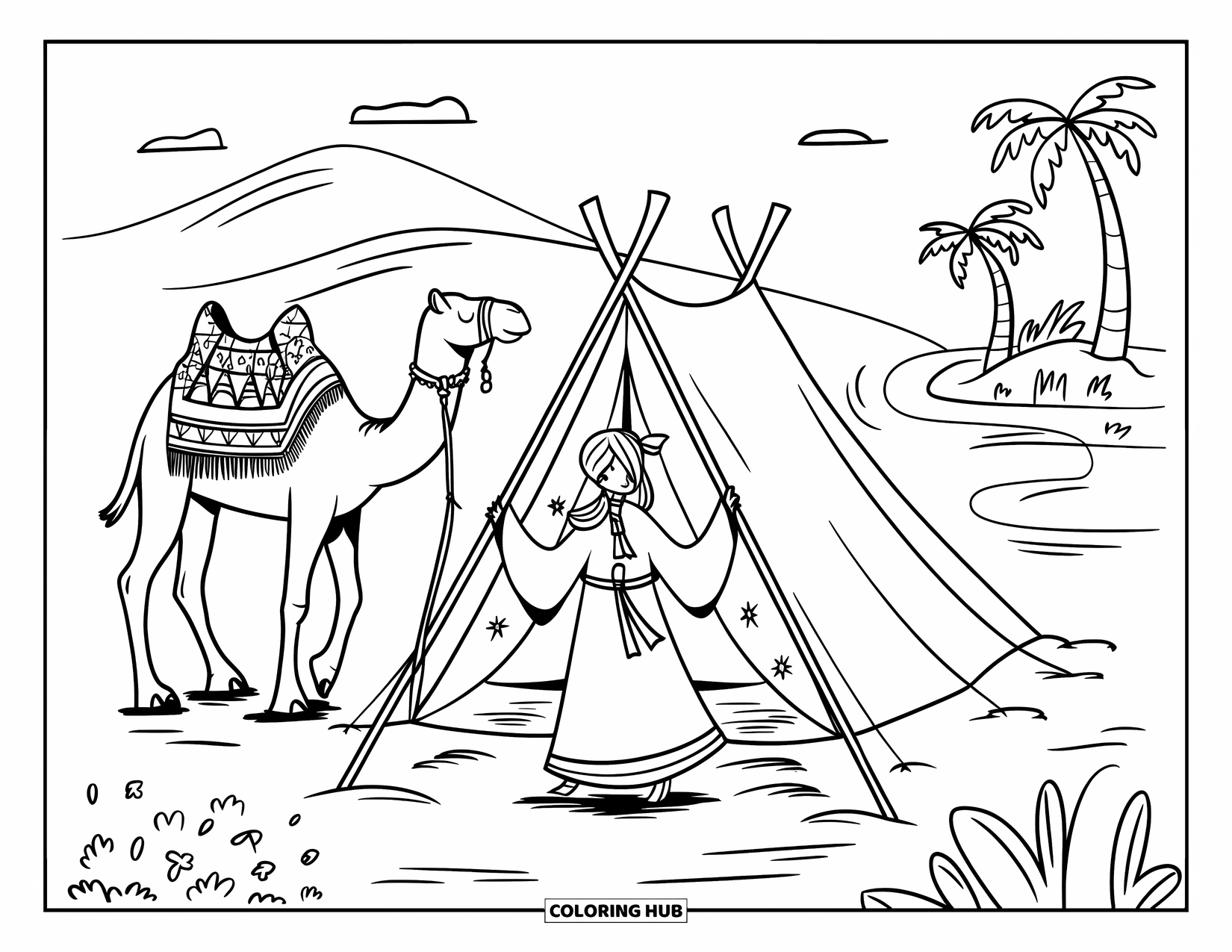 Princess Coloring Page for Adults: A princess and her camel rest by an oasis in the desert