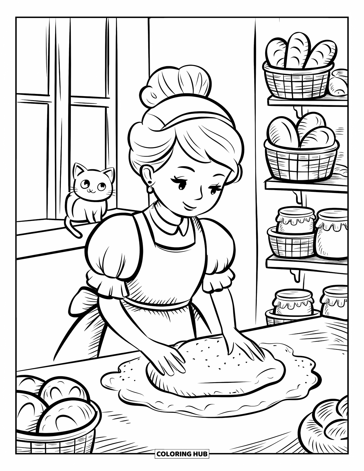 Princess Coloring Page for Adults: A princess bakes bread in a cozy kitchen with a cat on the windowsill