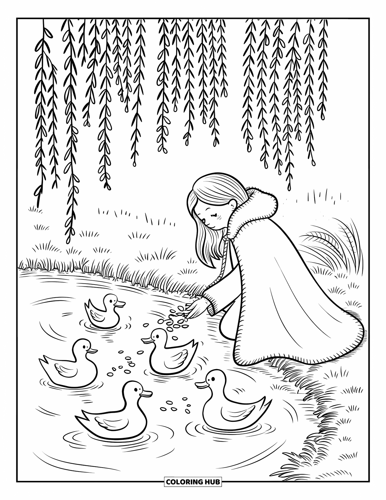 Princess Coloring Page for Adults: A princess feeds ducks by a pond, a willow tree overhead