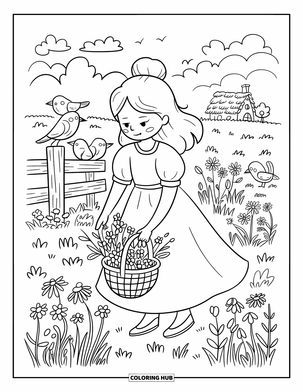 Princess Coloring Page for Adults: A princess gathers wildflowers in a basket, birds perched nearby