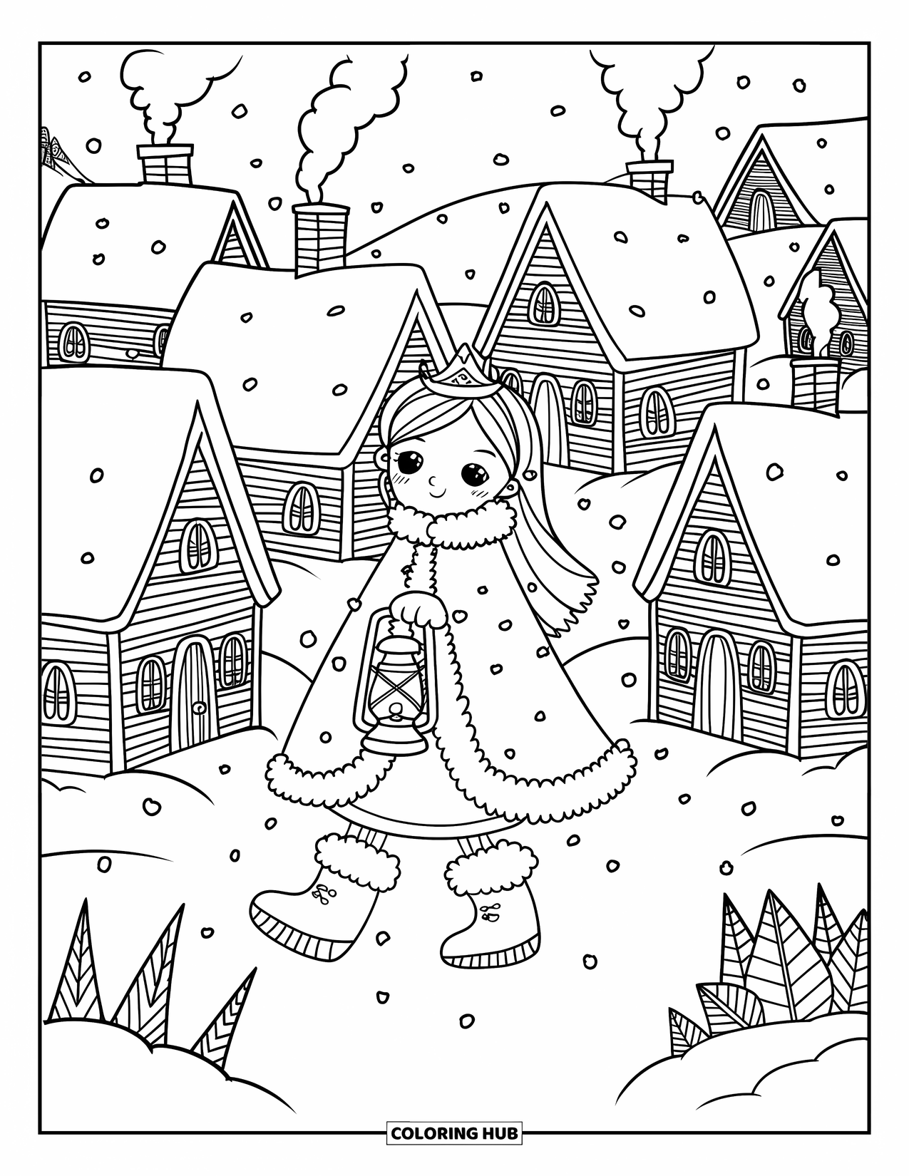 Princess Coloring Page for Adults: A princess in a cozy cloak walks with a lantern through falling snow