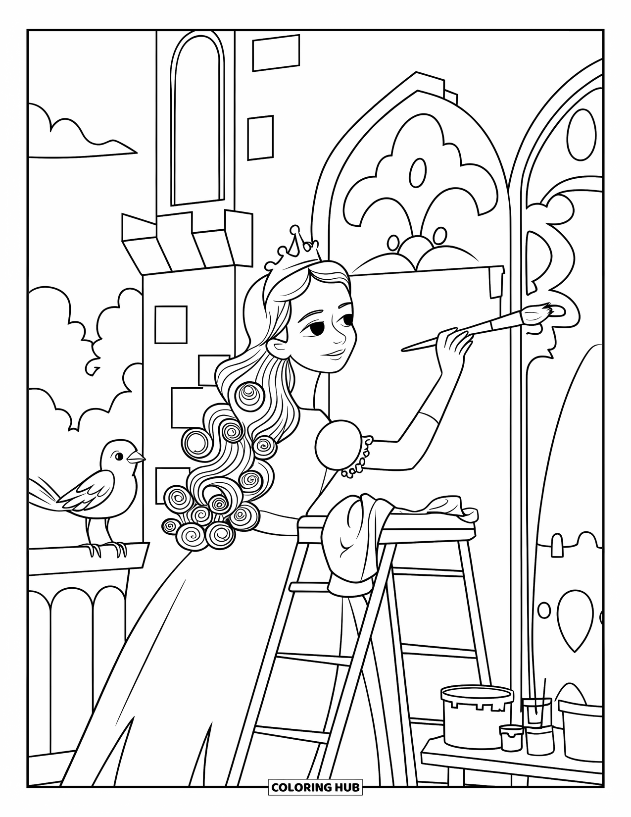 Princess Coloring Page for Adults: A princess in a crown paints a mural while a bird looks on