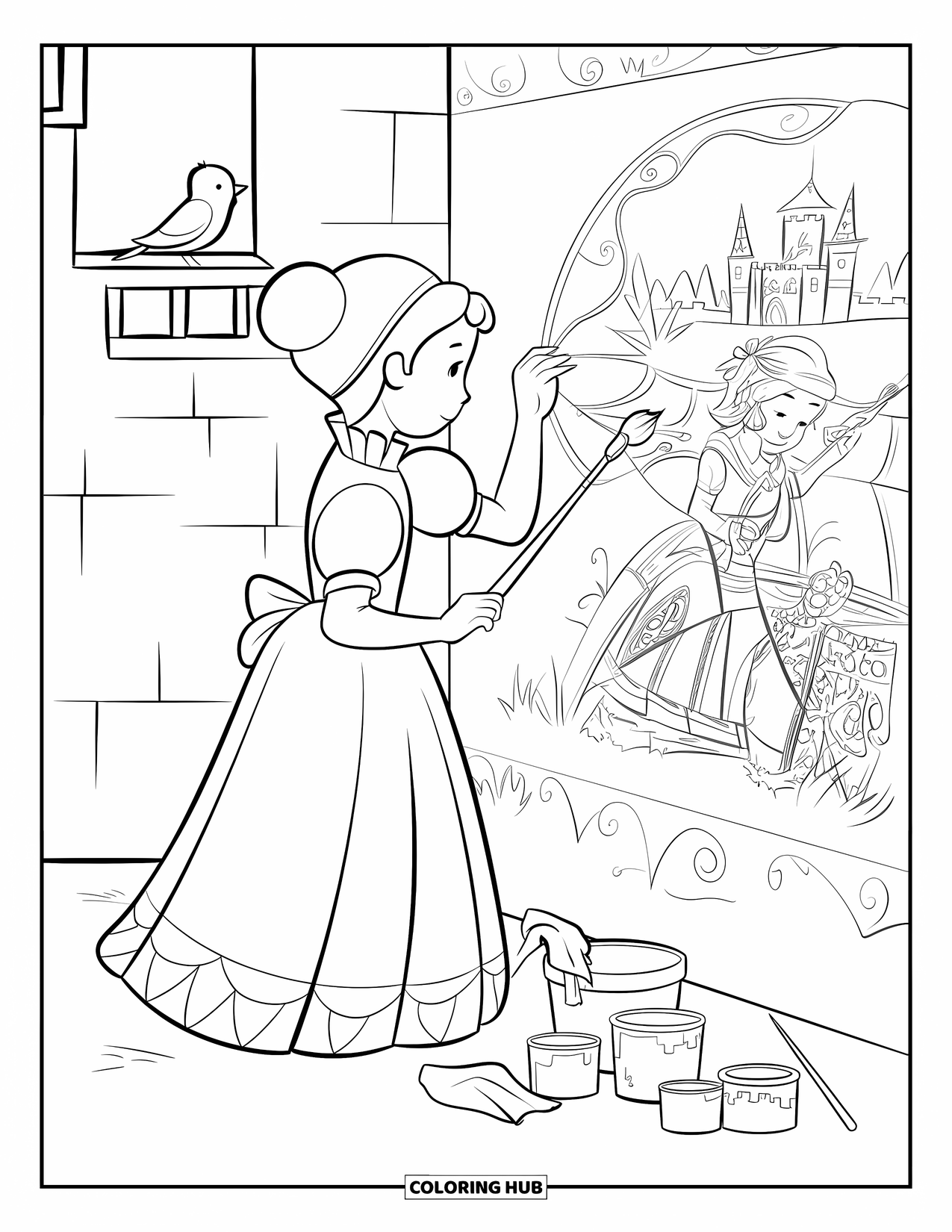 Princess Coloring Page for Adults: A princess in a dress paints an adventure scene on a castle wall