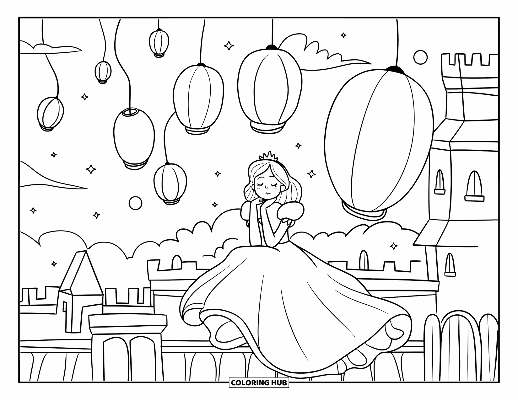 Princess Coloring Page for Adults: A princess in a flowing gown gazes at lanterns drifting in the night sky