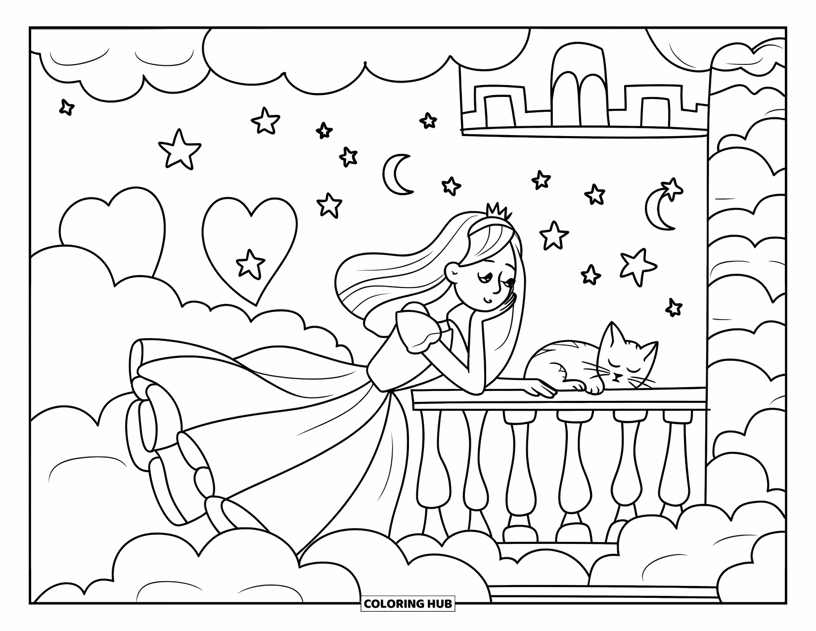 Princess Coloring Page for Adults: A princess in a flowy dress gazes at stars from a cloud castle balcony