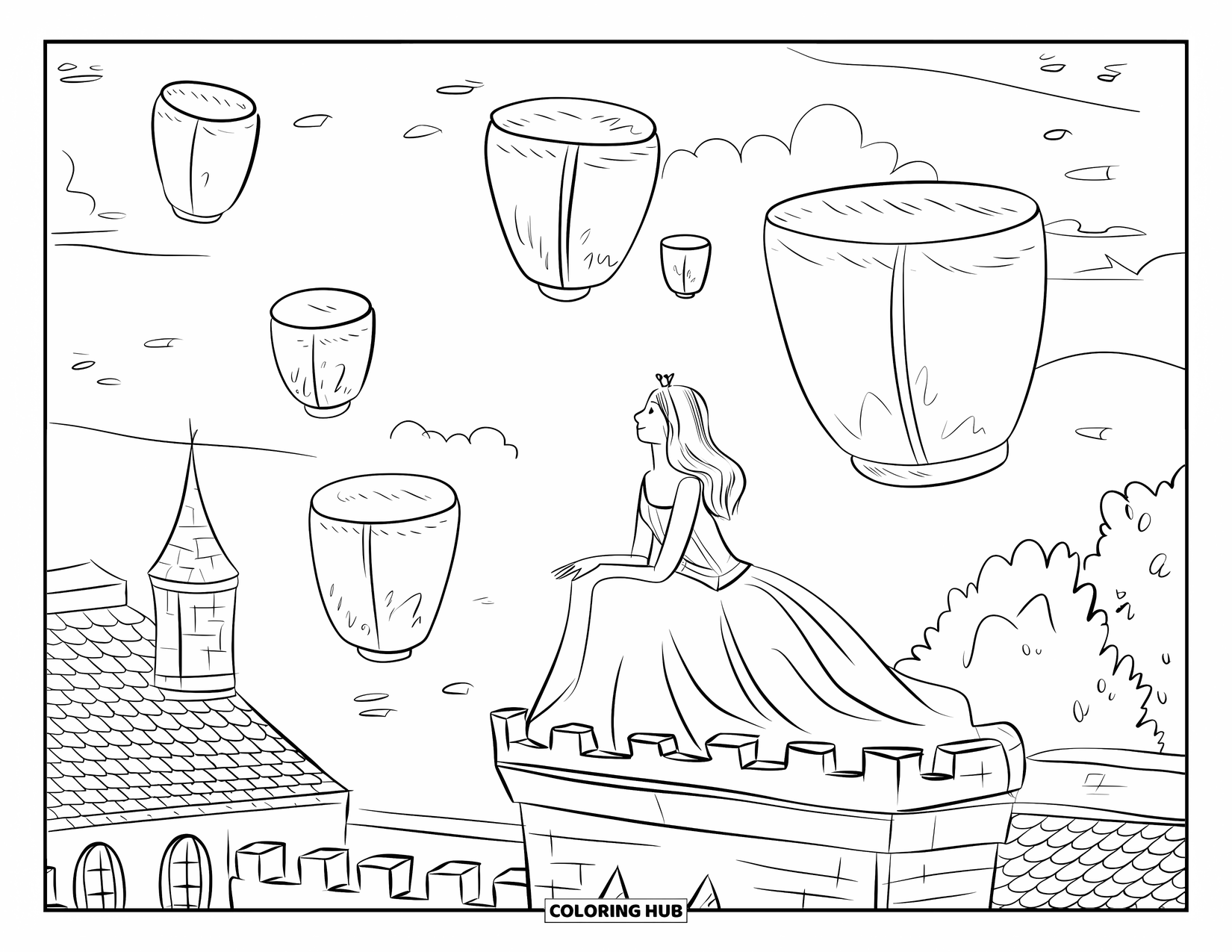 Princess Coloring Page for Adults: A princess in a gown admires lanterns drifting above a peaceful cityscape