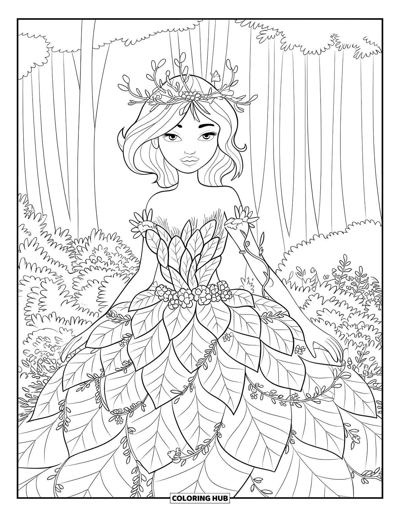 Princess Coloring Page for Adults: A princess in a gown of leaves and flowers stands gracefully in a lush forest