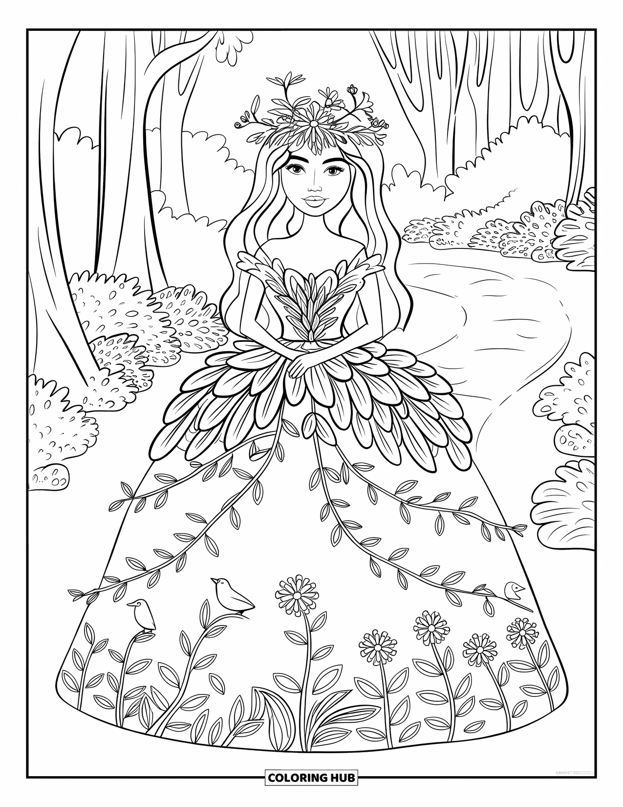 Princess Coloring Page for Adults: A princess in a gown of leaves and flowers with a crown of twigs