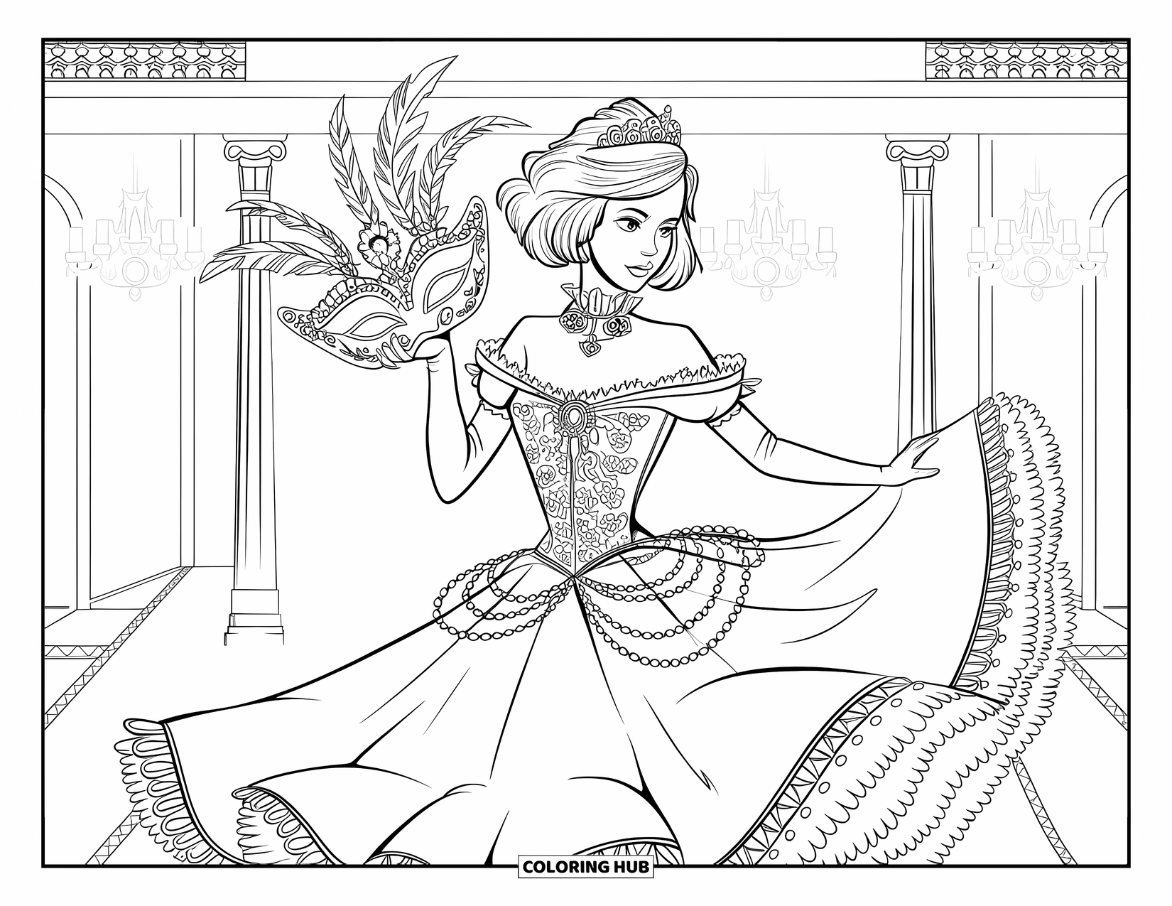 Princess Coloring Page for Adults: A princess in a lace gown holding a feathered mask in a grand ballroom