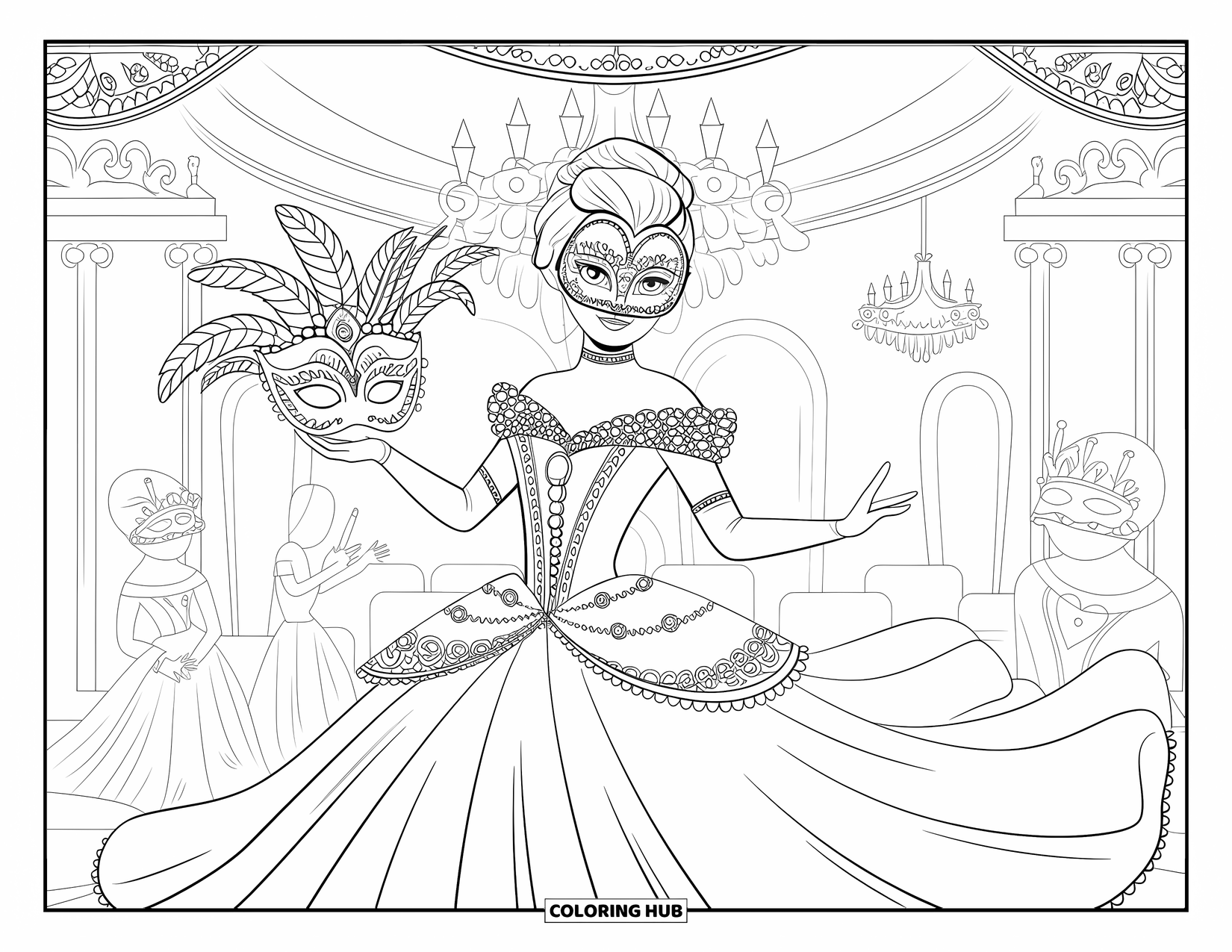 Princess Coloring Page for Adults: A princess in a lace gown holding a mask in a grand ballroom