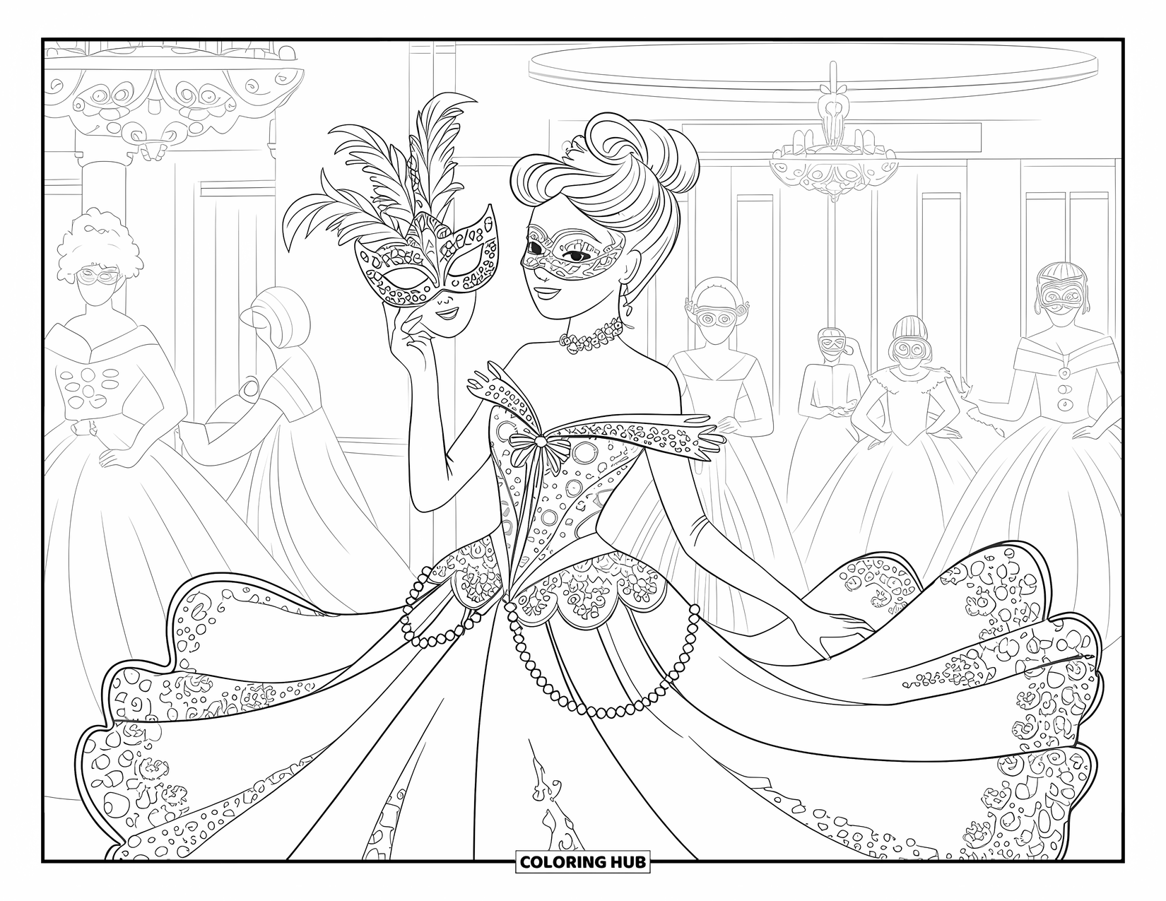 Princess Coloring Page for Adults: A princess in a lace gown twirls with a mask in a chandelier-lit ballroom