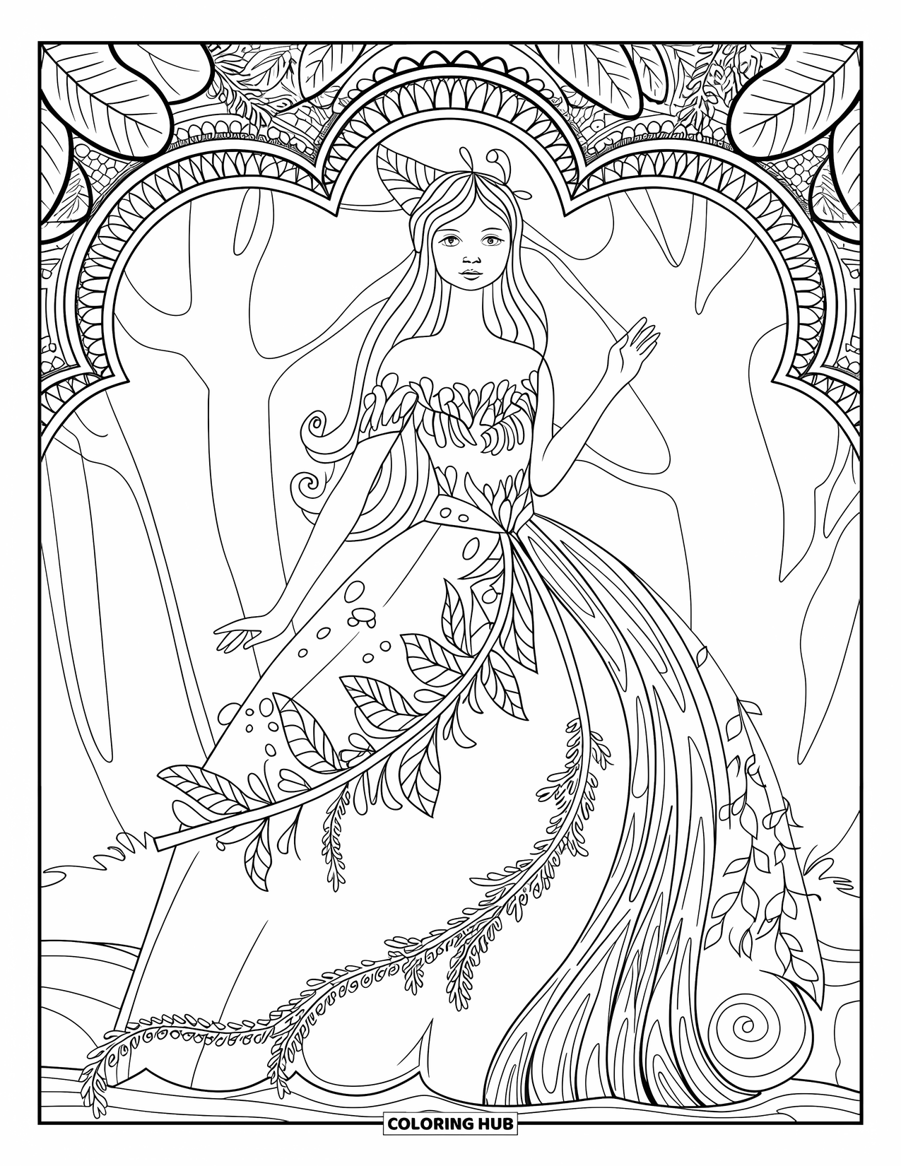 Princess Coloring Page for Adults: A princess in a leafy gown stands in a mystical forest with tall trees