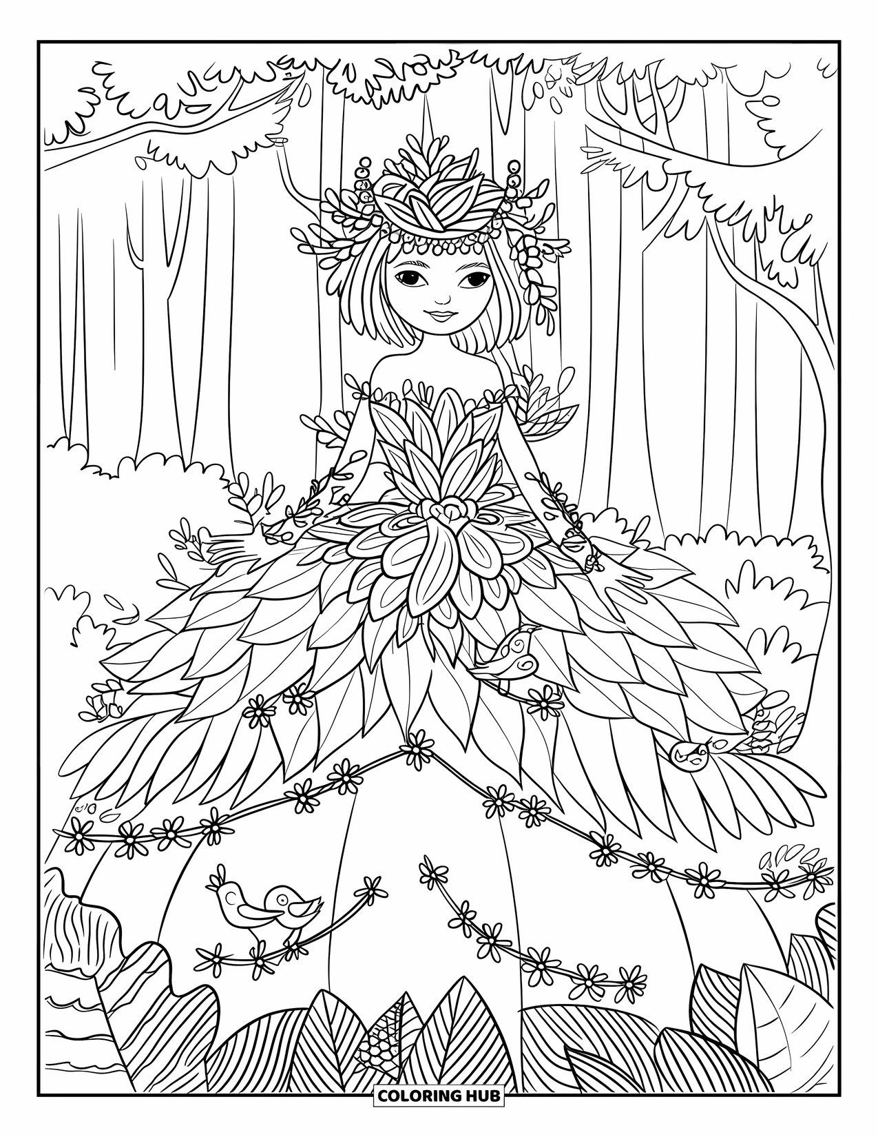 Princess Coloring Page for Adults: A princess in a leafy gown with a twig crown surrounded by birds