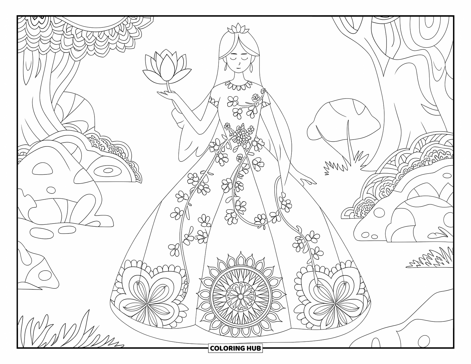 Princess Coloring Page for Adults: A princess in a mandala gown holding a lotus flower in a tranquil garden