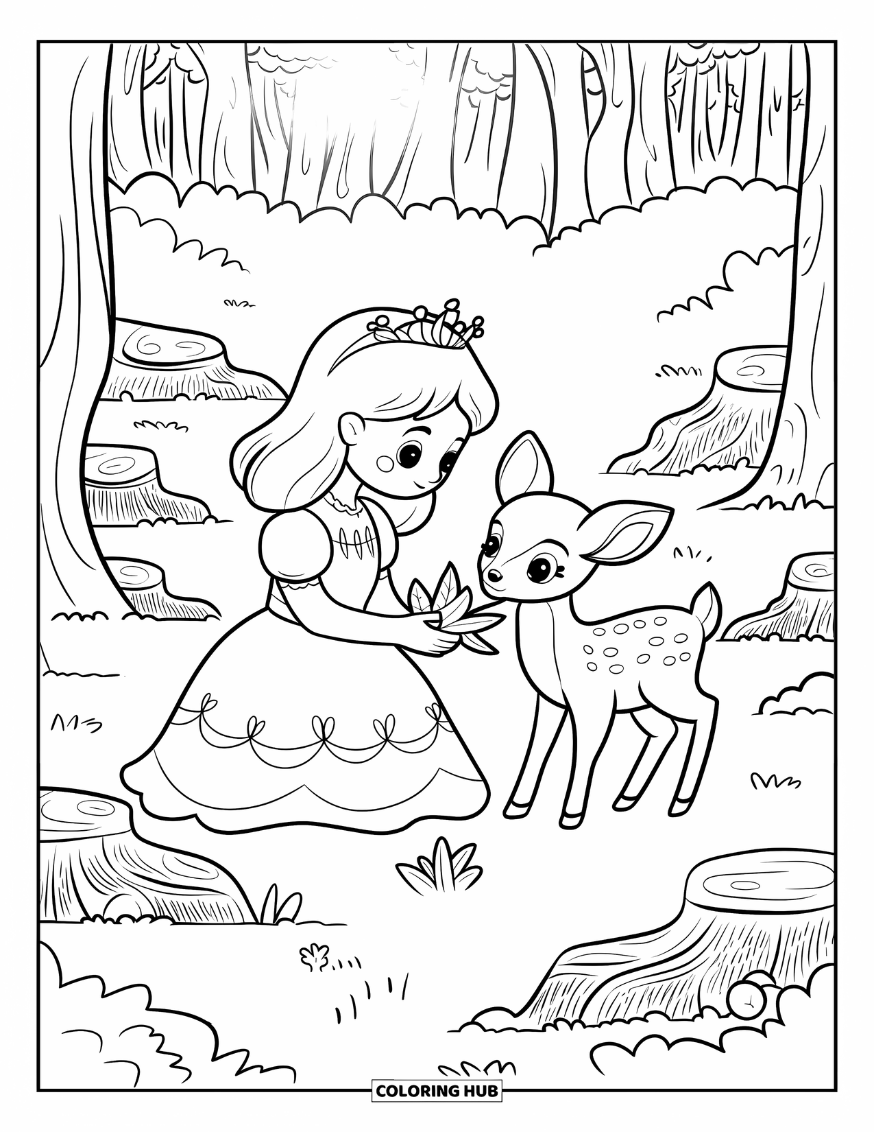Princess Coloring Page for Adults: A princess in a nature-inspired dress cares for a baby deer in the woods