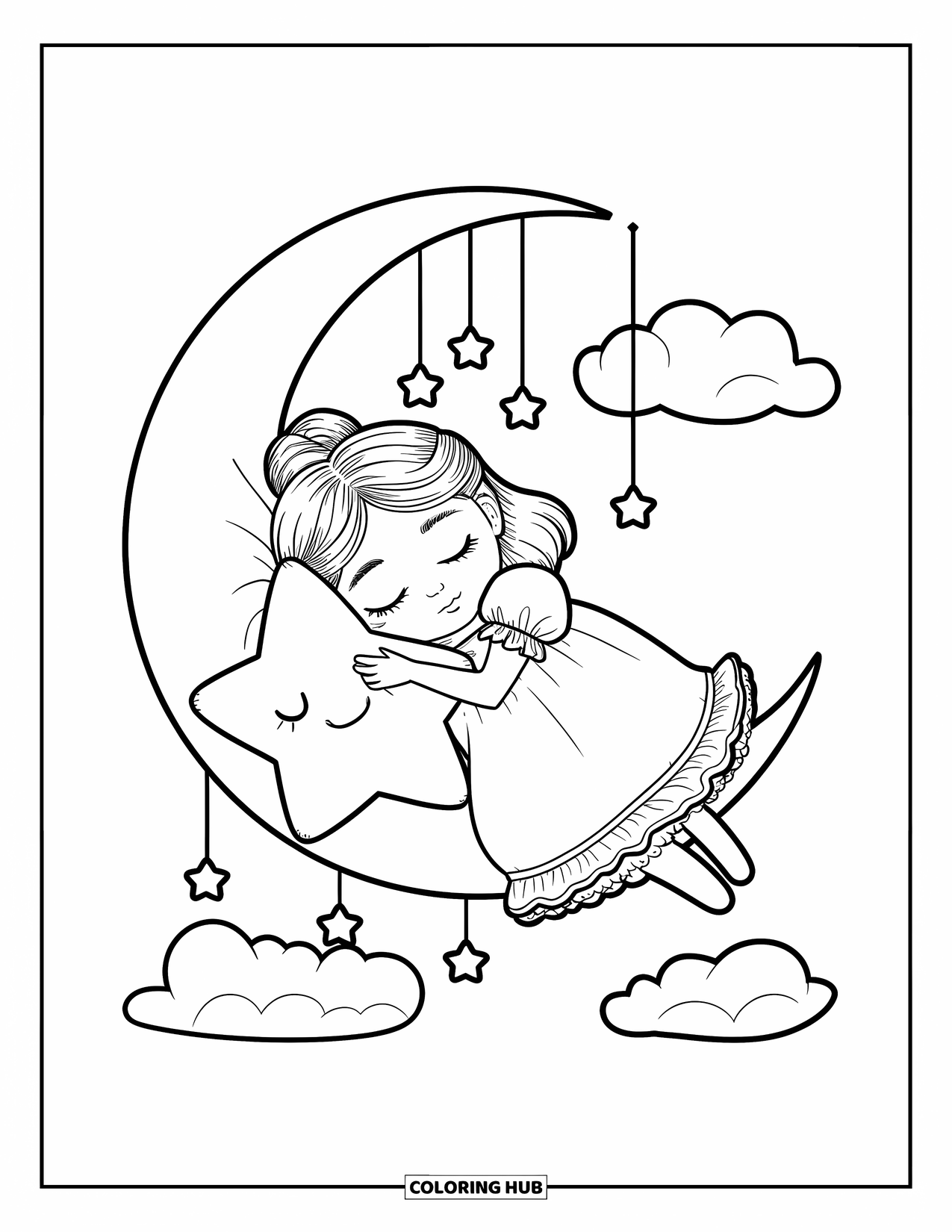 Princess Coloring Page for Adults: A princess in a nightgown hugs a star pillow on a crescent moon