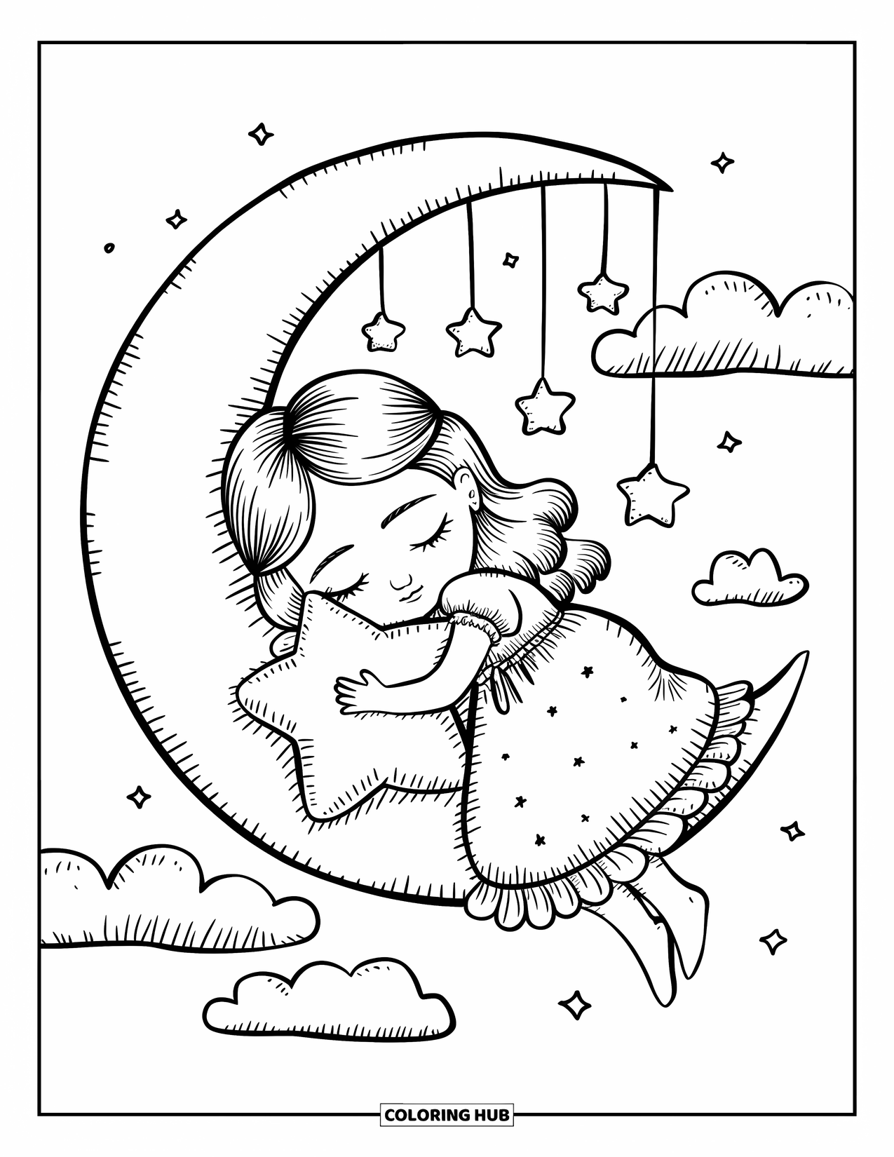 Princess Coloring Page for Adults: A princess in a nightgown sleeps on a crescent moon, stars dangling above