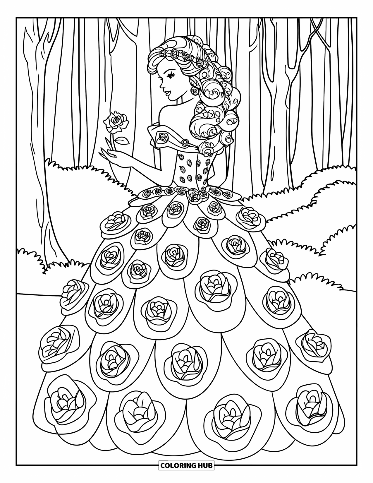 Princess Coloring Page for Adults: A princess in a rose-adorned gown holding an enchanted rose in a forest