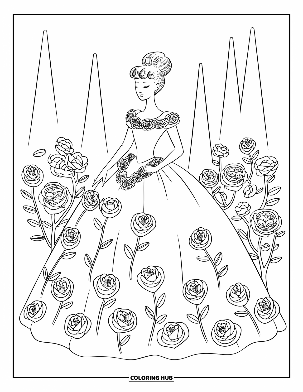 Princess Coloring Page for Adults: A princess in a rose-covered gown standing in a garden