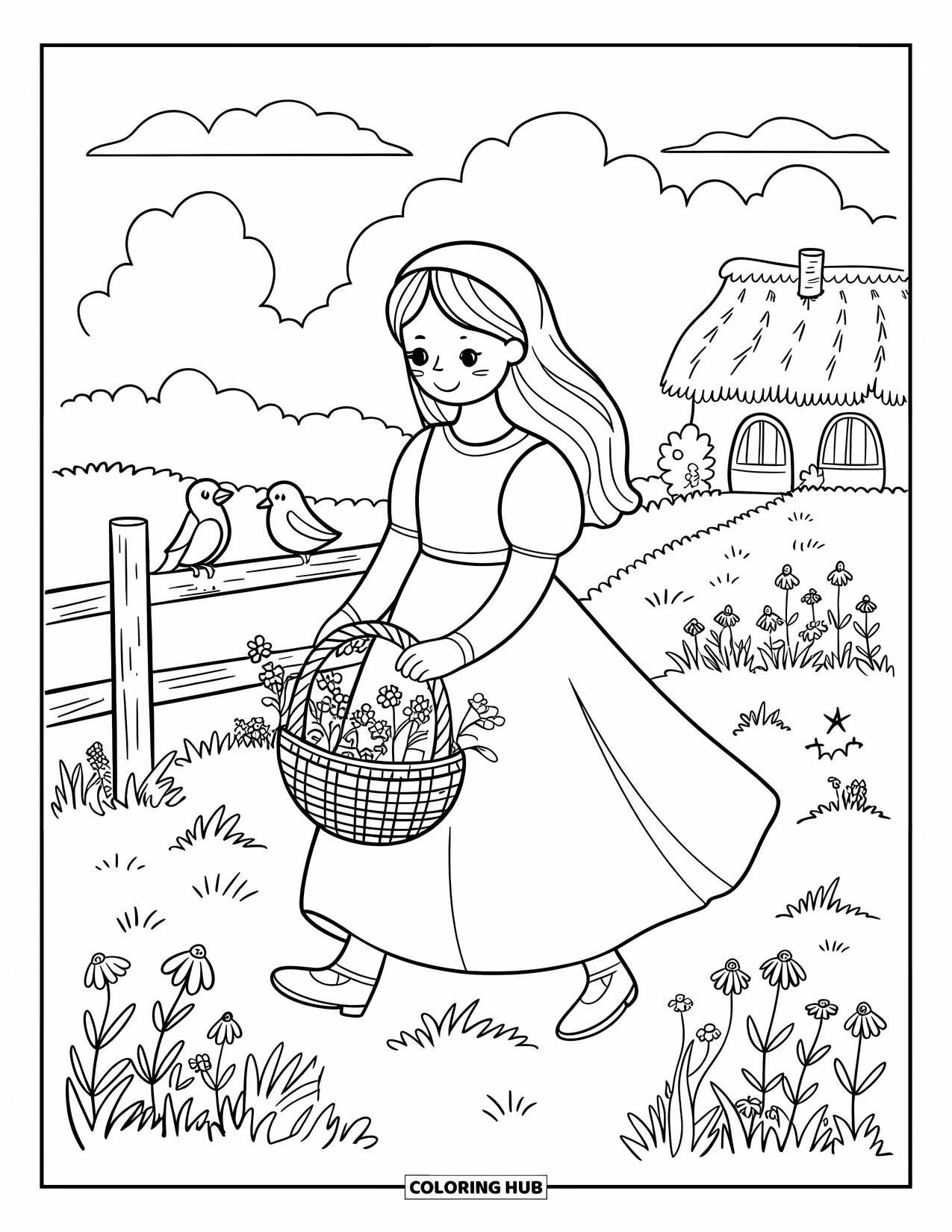 Princess Coloring Page for Adults: A princess in a simple dress picks wildflowers near a wooden fence