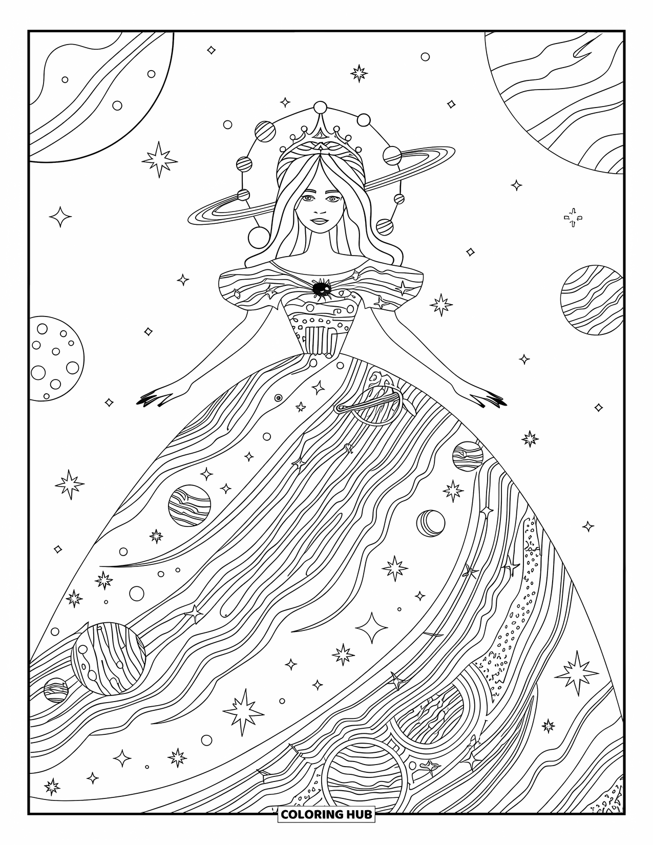 Princess Coloring Page for Adults: A princess in a starry gown drifts gracefully through space