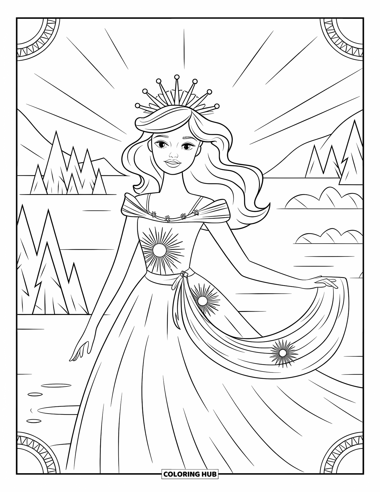 Princess Coloring Page for Adults: A princess in a sunburst gown stands gracefully, surrounded by clouds