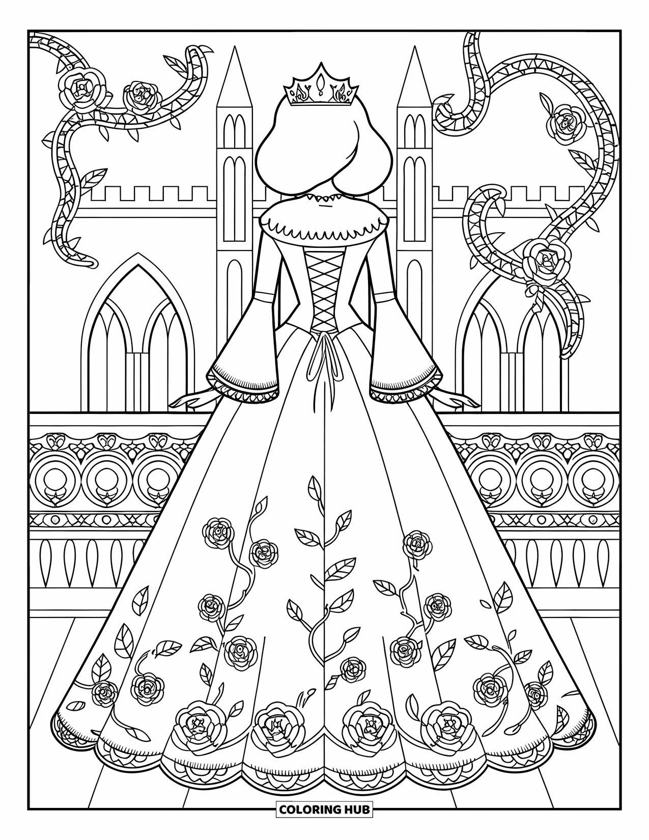 Princess Coloring Page for Adults: A princess in a velvet gown with roses stands gracefully by a castle with towers
