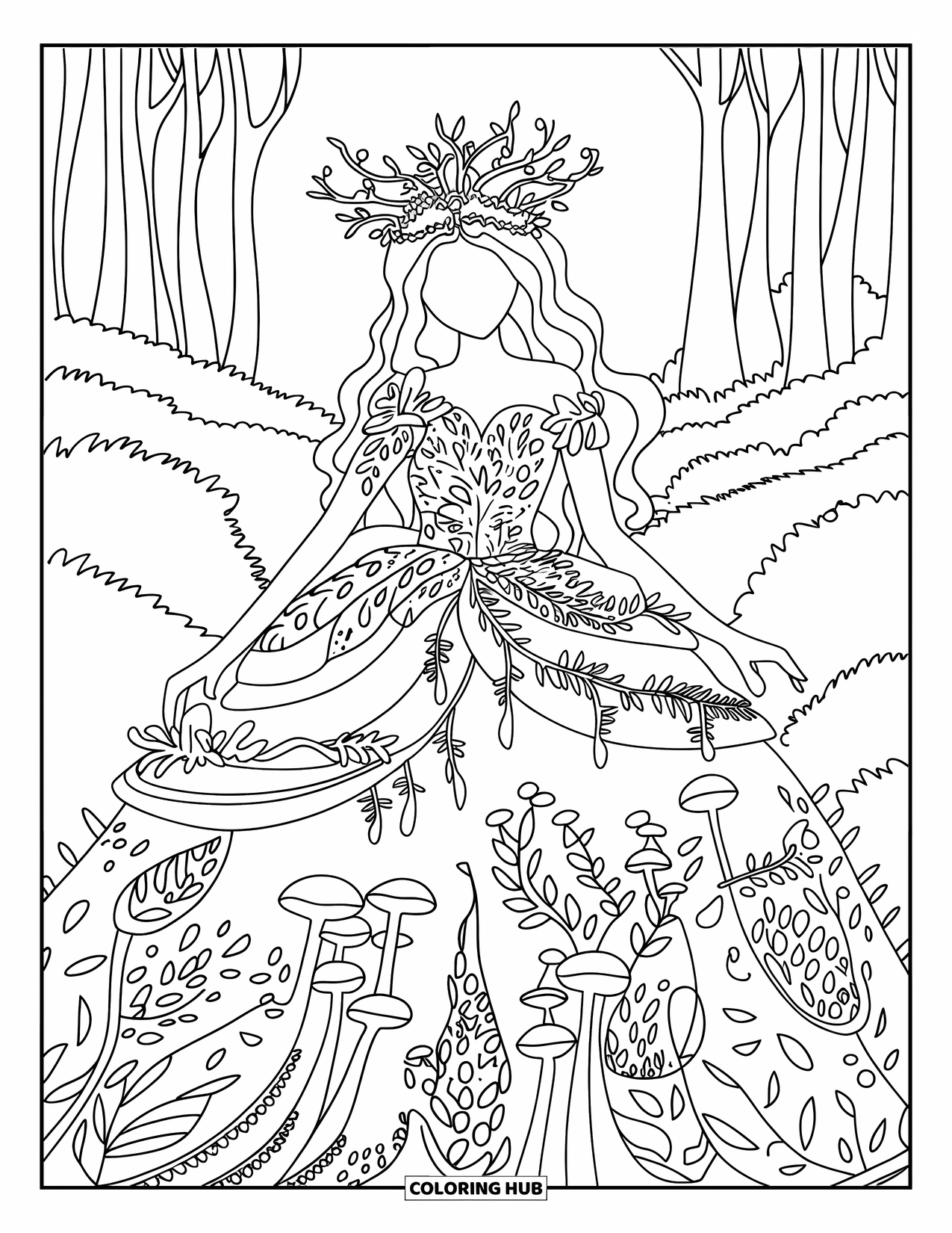 Princess Coloring Page for Adults: A princess in a vine-covered gown with glowing mushrooms in a lush forest