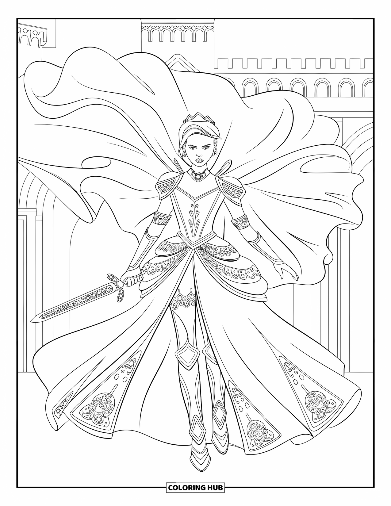 Princess Coloring Page for Adults: A princess in armor-like details holds a jeweled sword by a castle