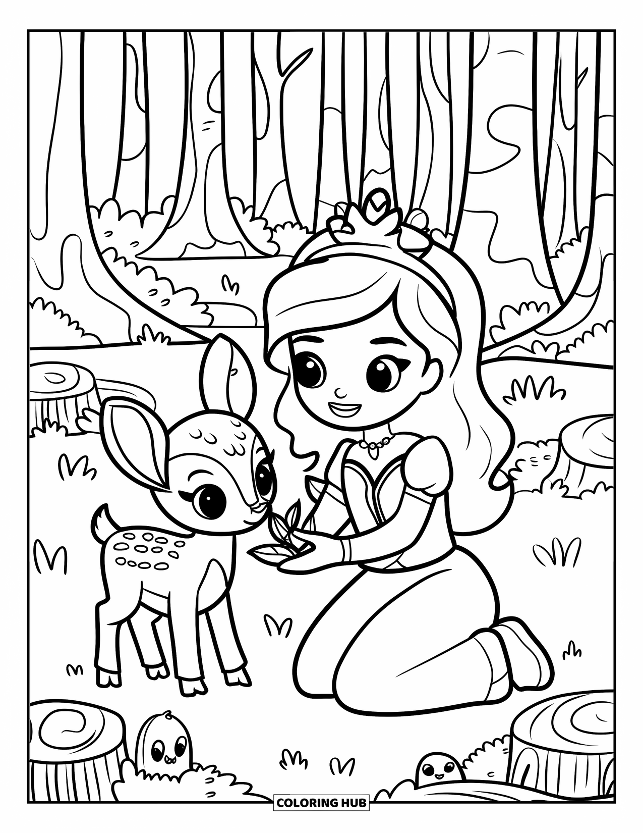 Princess Coloring Page for Adults: A princess in the forest feeds a baby deer, woodland creatures watching nearby