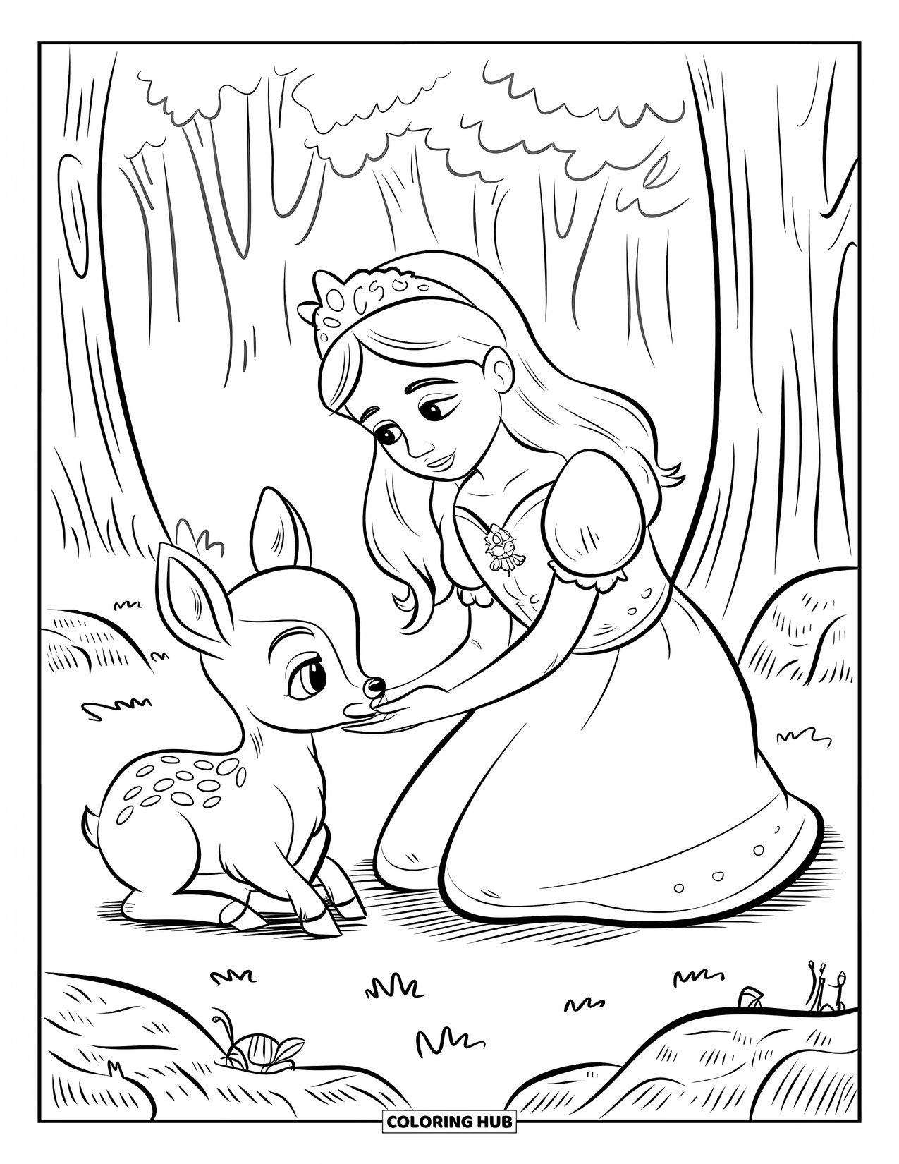 Princess Coloring Page for Adults: A princess kneels by a baby deer, offering it fresh leaves