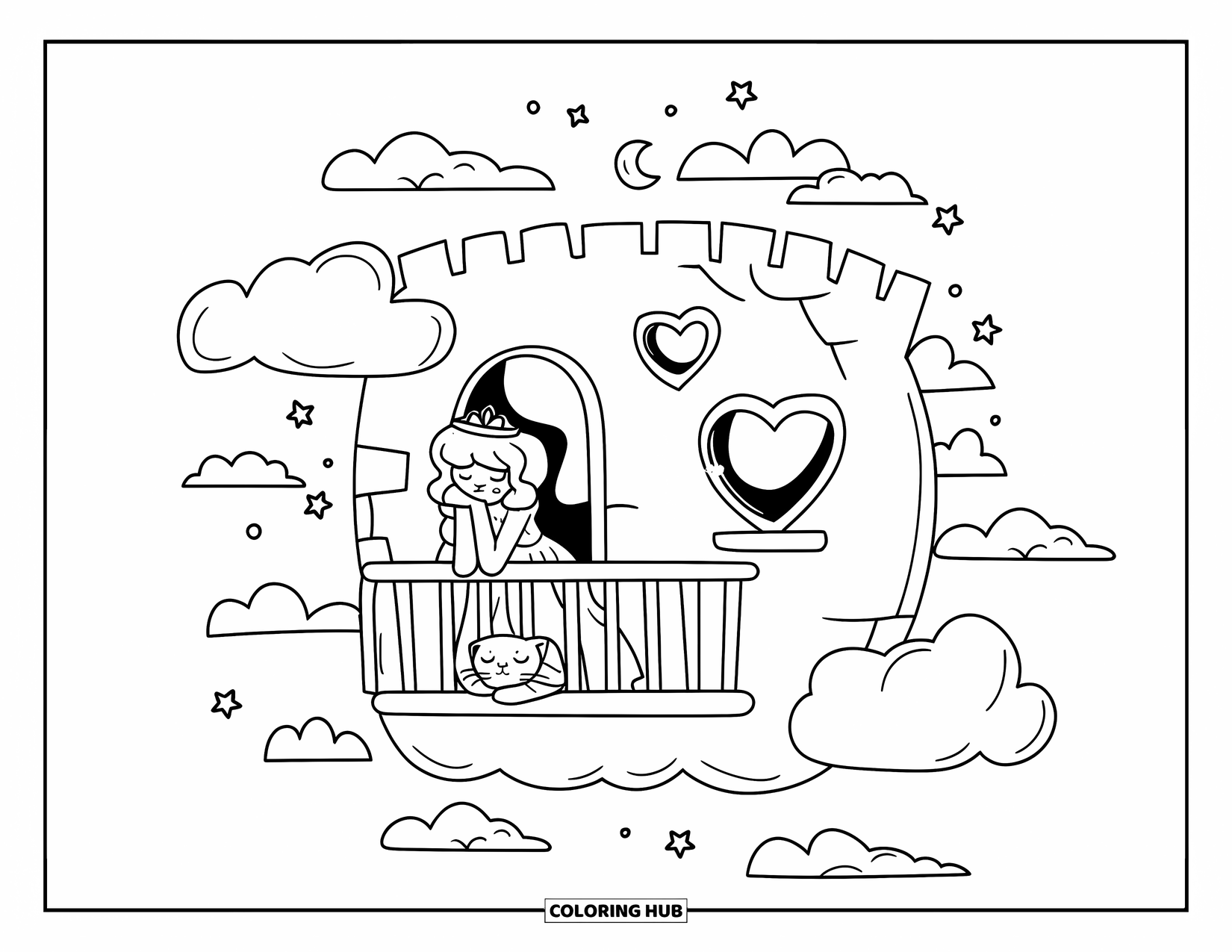 Princess Coloring Page for Adults: A princess leans on a balcony in a cloud castle, gazing at stars and moons