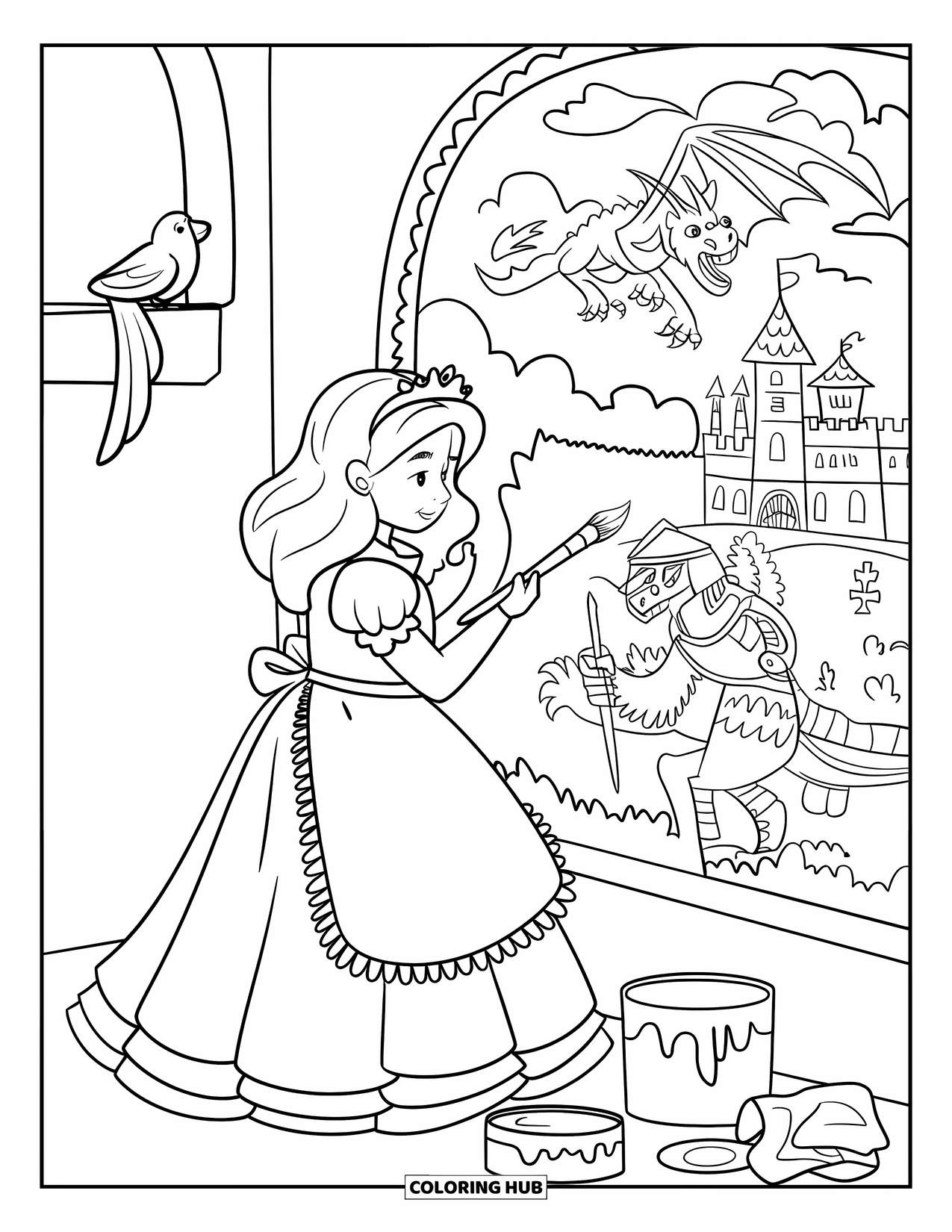Princess Coloring Page for Adults: A princess paints a mural on a castle wall, a bird watching nearby