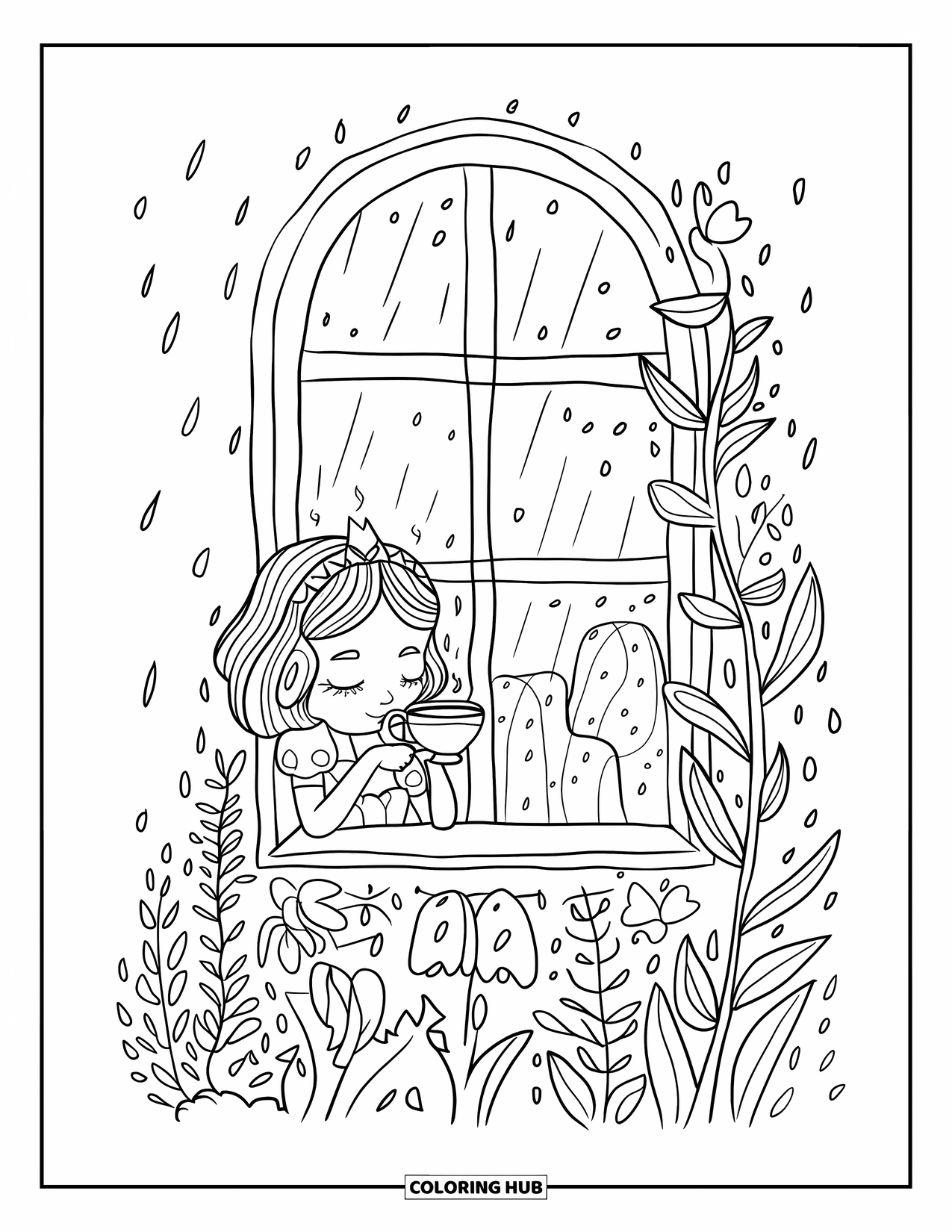 Princess Coloring Page for Adults: A princess sips tea by a window, watching raindrops slide down the glass