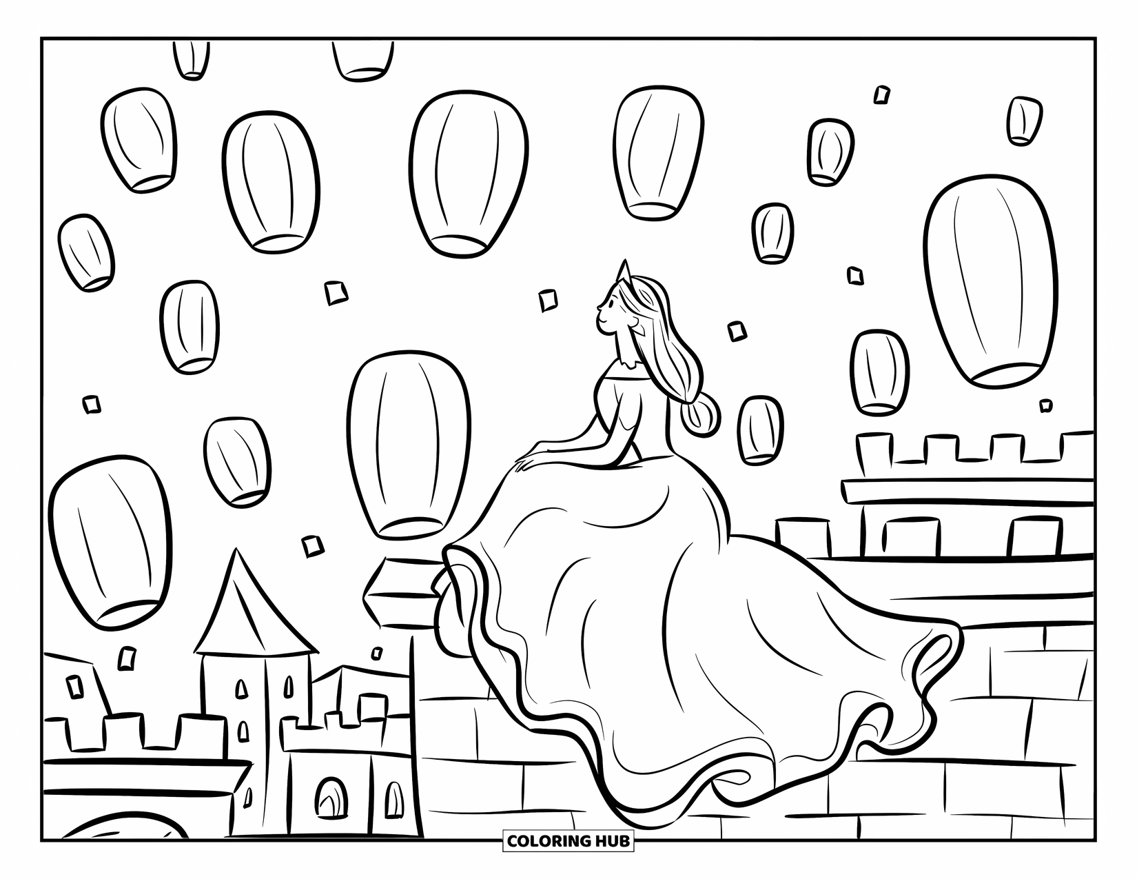 Princess Coloring Page for Adults: A princess sits on a rooftop, watching lanterns light up the night sky