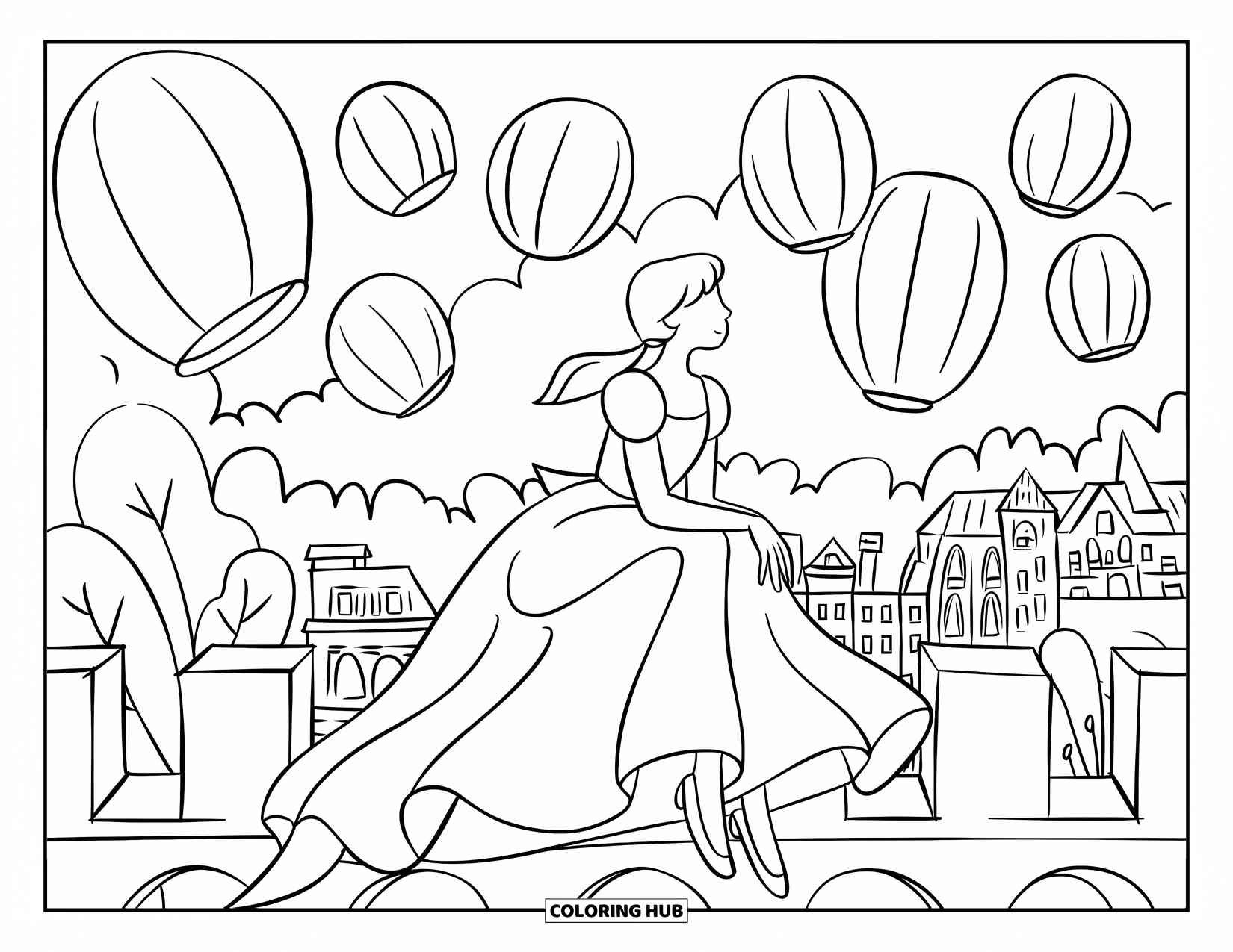 Princess Coloring Page for Adults: A princess sits on a rooftop, watching lanterns light up the night sky